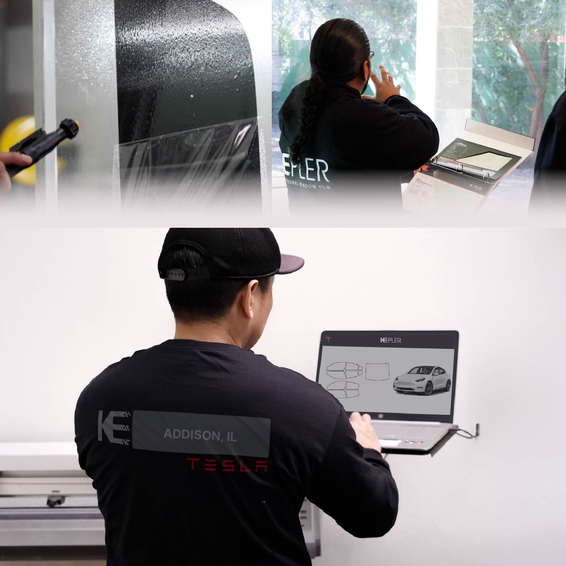 Expert Technician Installing Ceramic Window Tint to Tesla in Addison