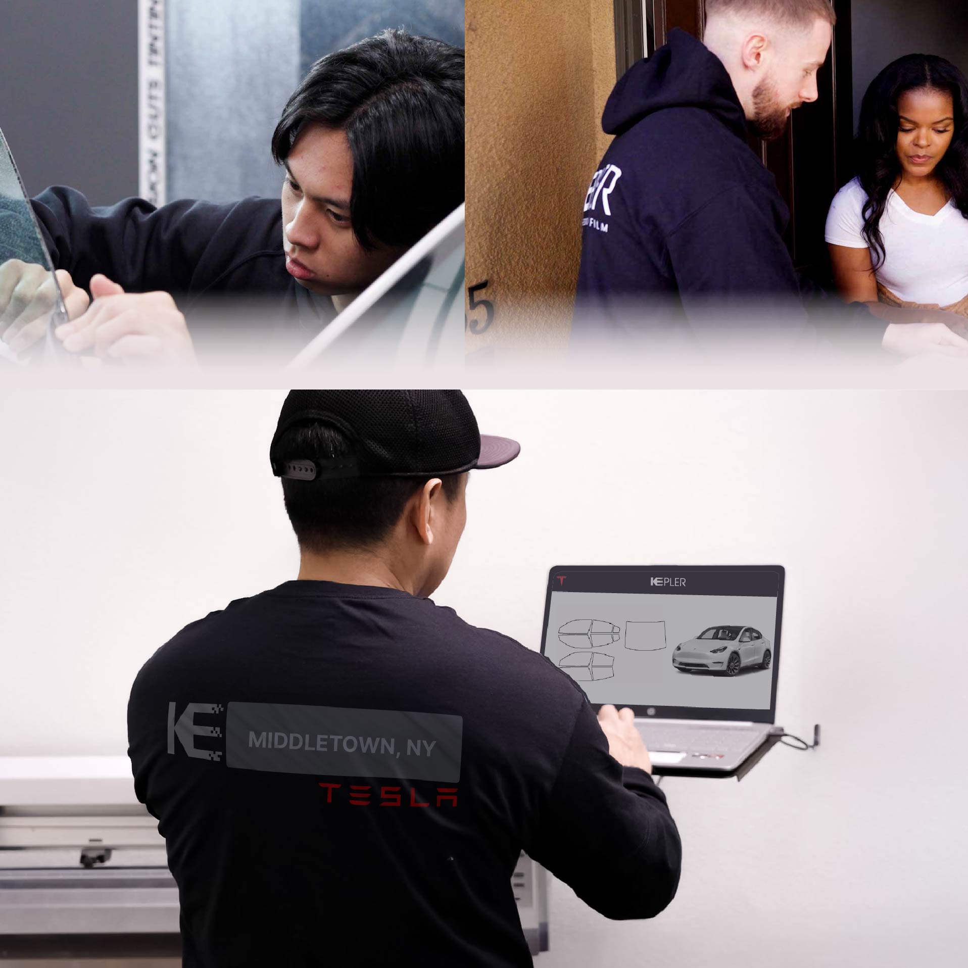 Expert Technician Fitting High-tech Window Tint to Tesla in Middletown