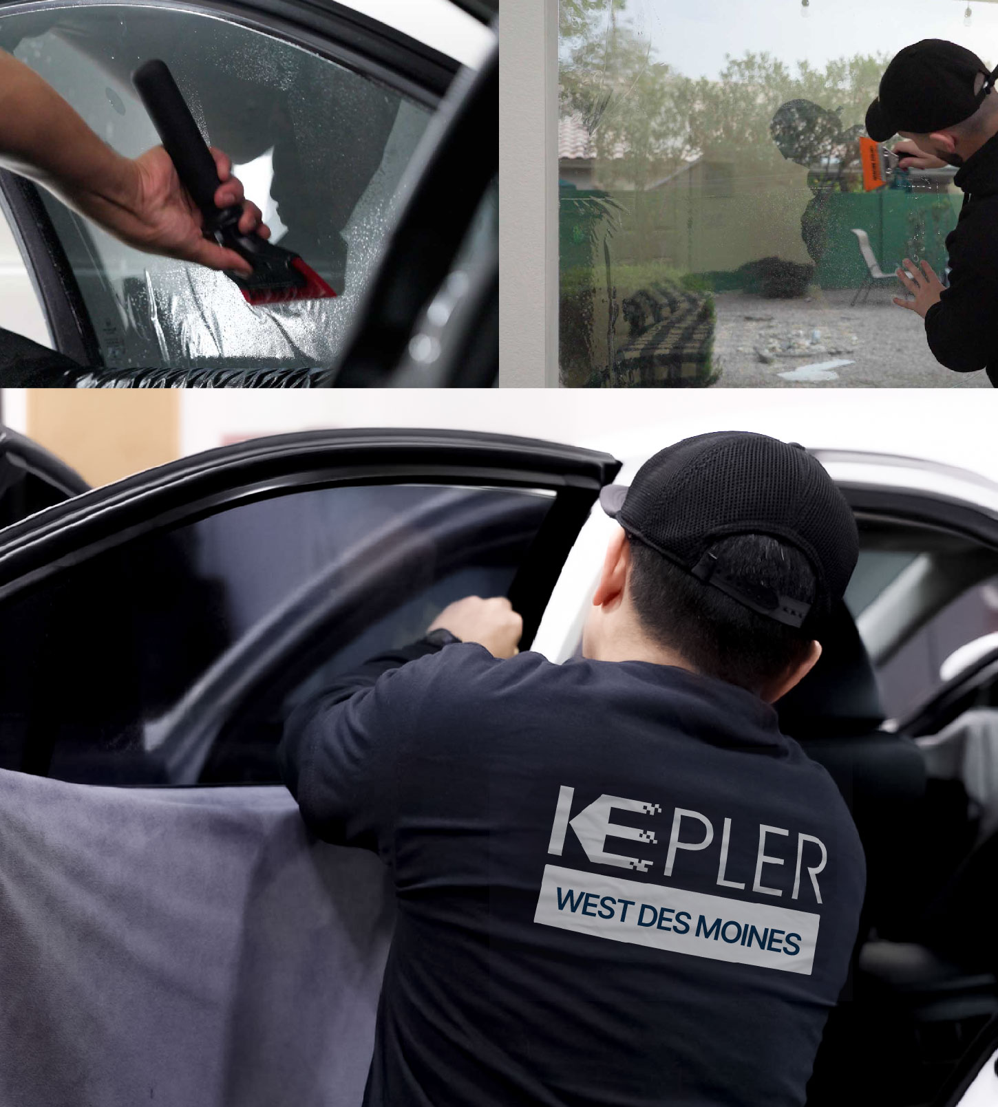 Automotive Window Tinting Expert Applying Film in West Des Moines, Iowa