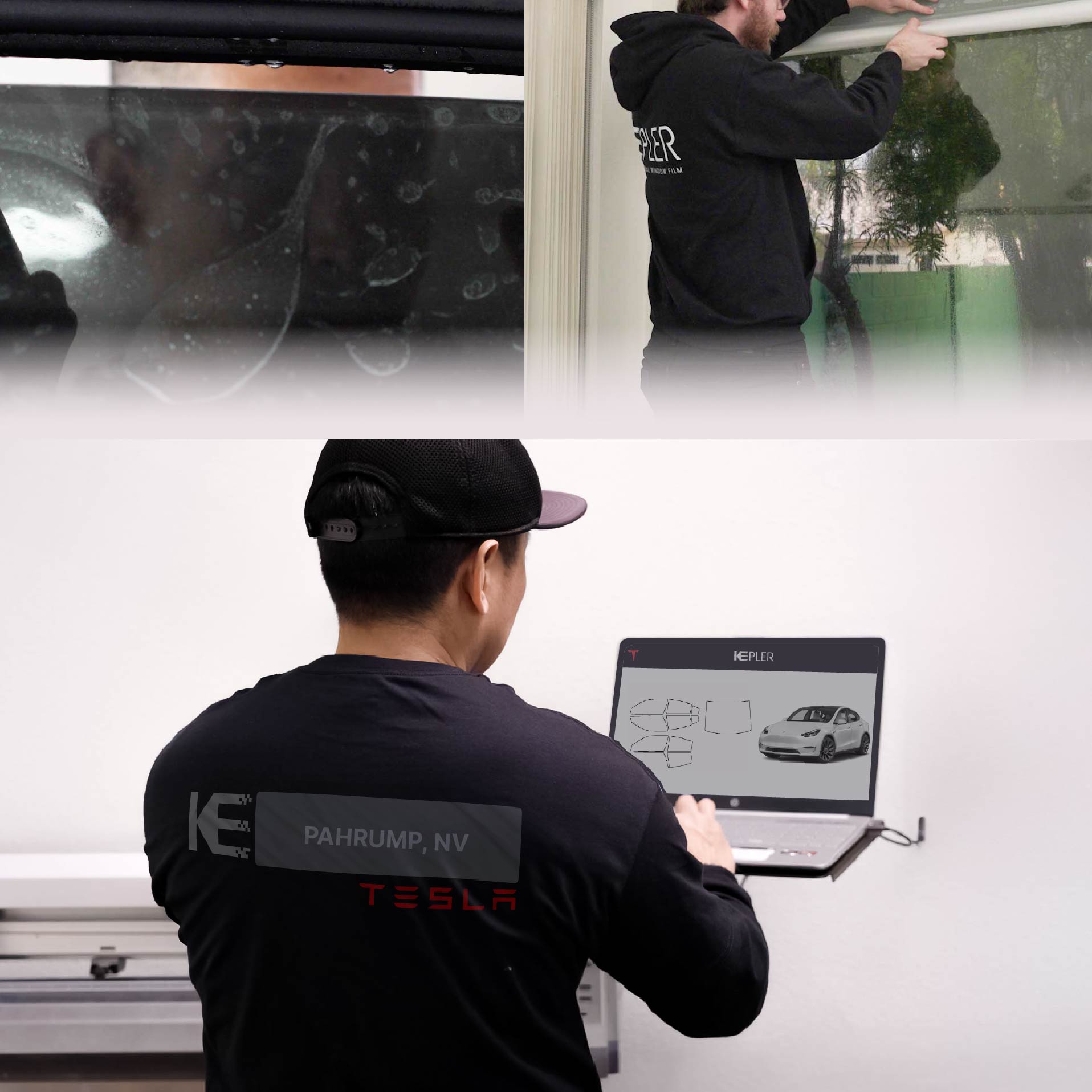 Expert Technician Fitting Ceramic Window Tint to Tesla in Pahrump