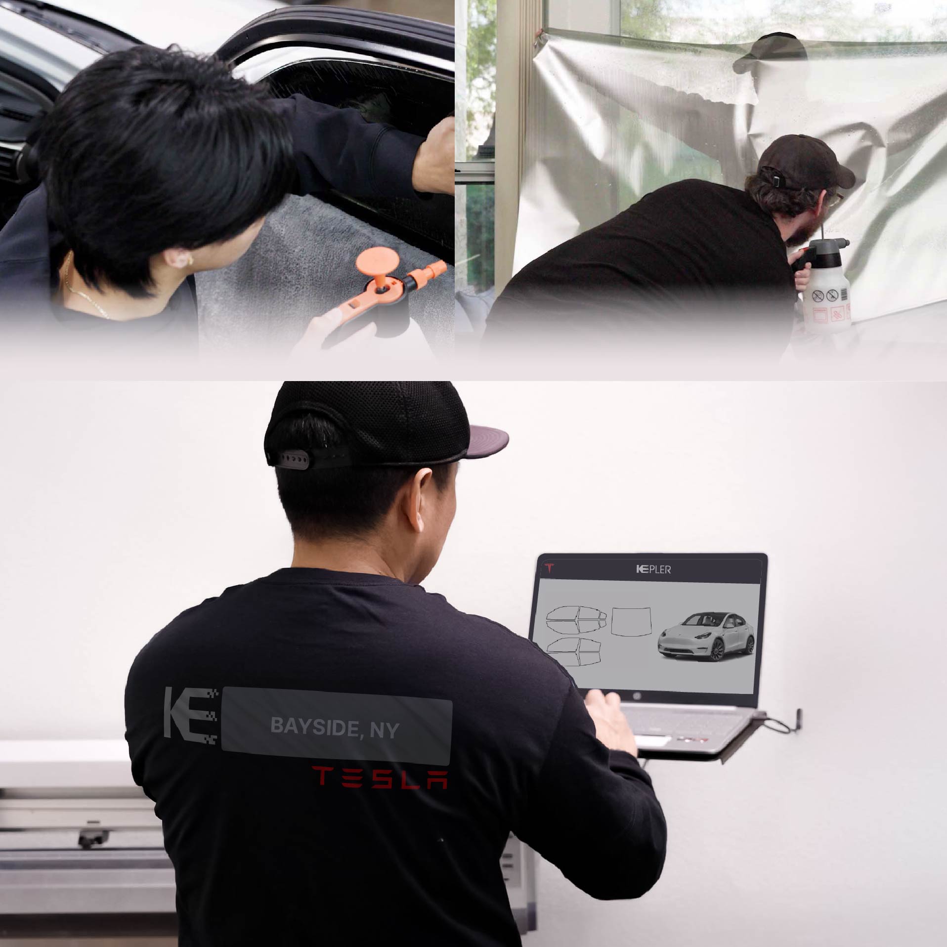 Kepler Technician Fitting Ceramic Window Tint to Tesla in Bayside