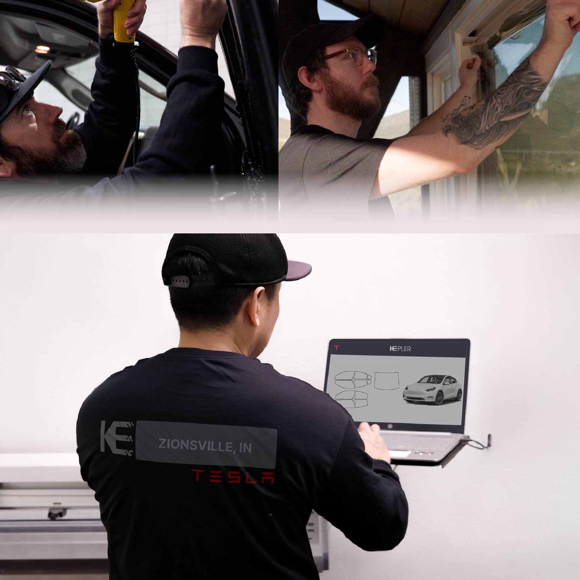 Expert Technician Applying Advanced Window Tint to Tesla in Zionsville