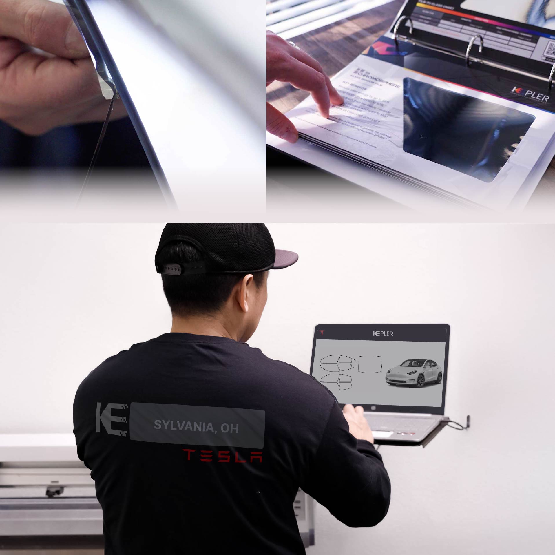 Kepler Technician Fitting Ceramic Window Tint to Tesla in Sylvania
