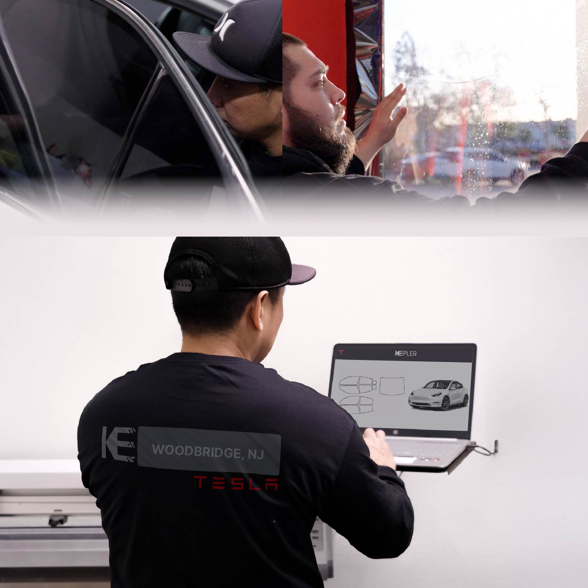 Expert Technician Installing High-tech Window Tint to Tesla in Woodbridge