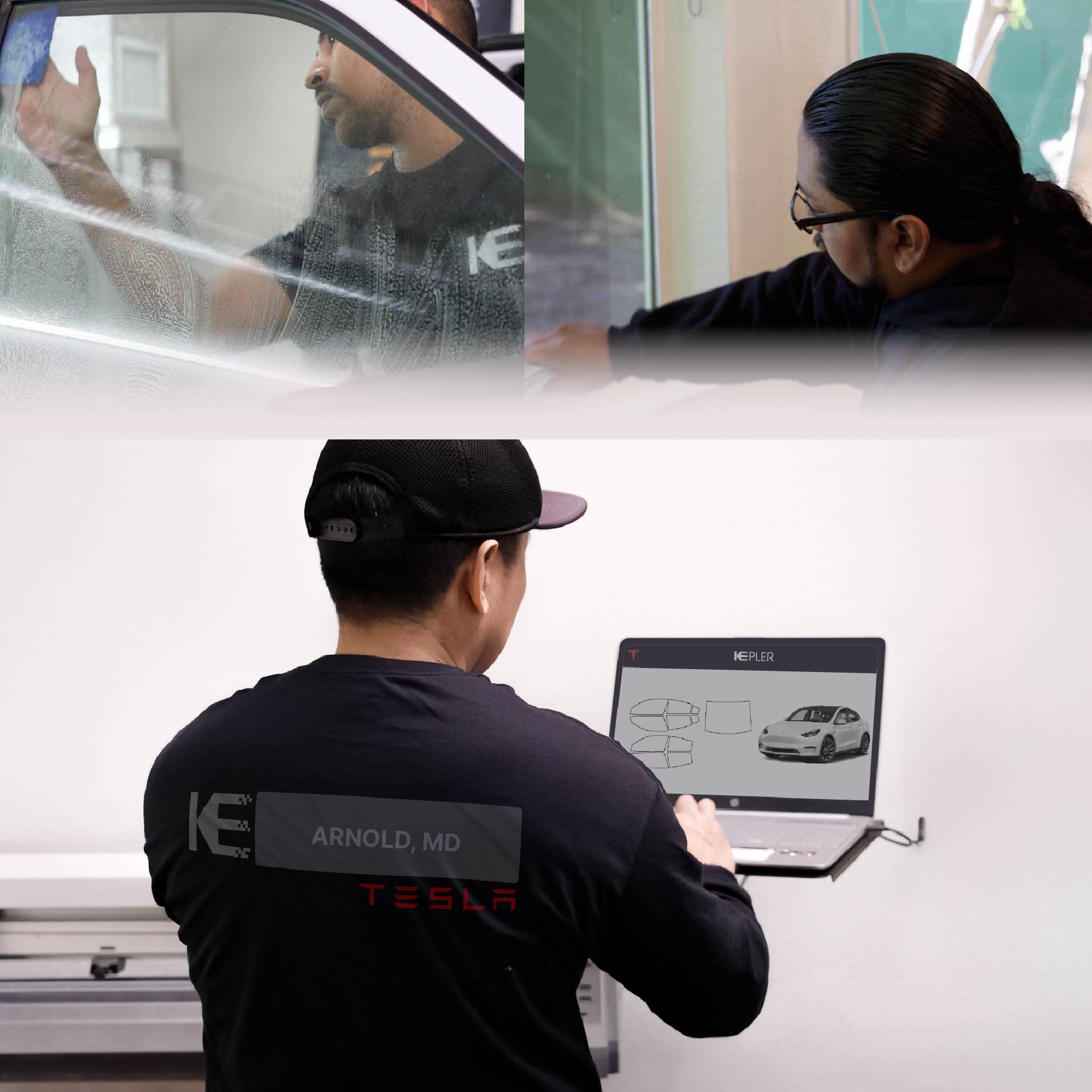 Kepler Technician Installing Ceramic Window Tint to Tesla in Arnold