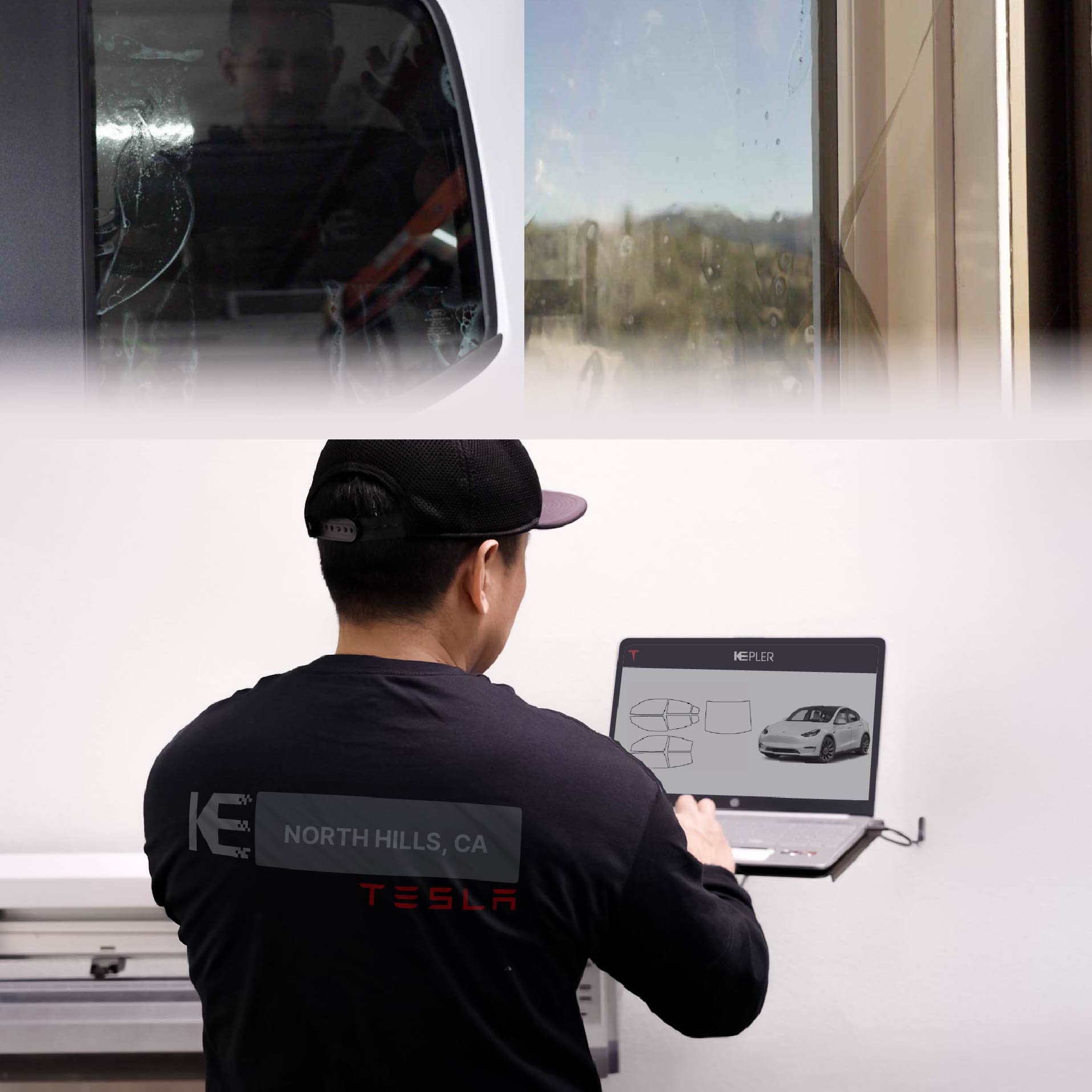 Expert Technician Applying Ceramic Window Tint to Tesla in North Hills