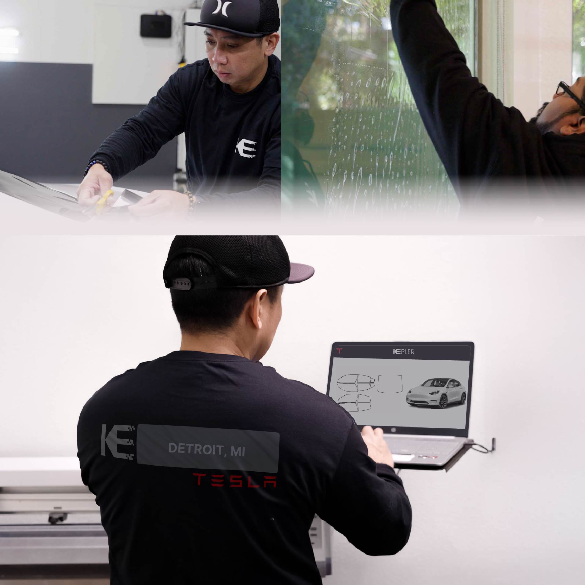 Kepler Technician Applying Advanced Window Tint to Tesla in Detroit