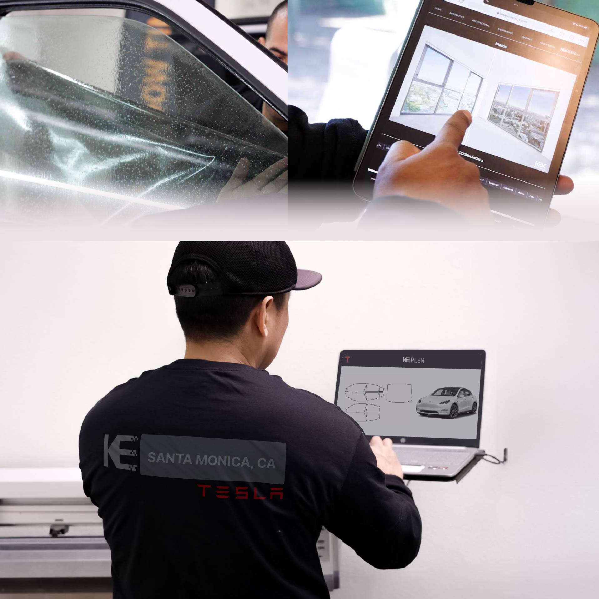 Expert Technician Installing High-tech Window Tint to Tesla in Santa Monica