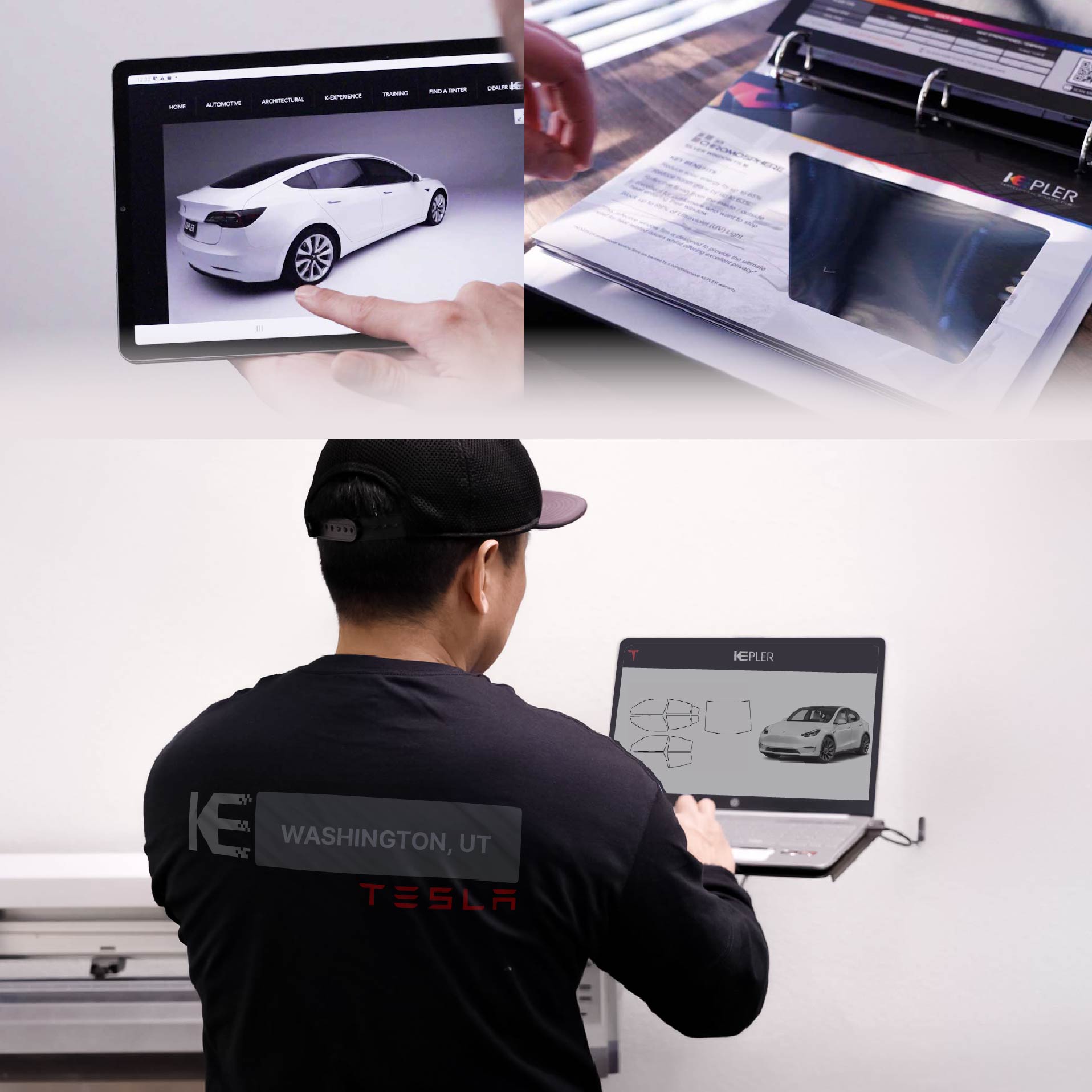 Kepler Technician Installing Ceramic Window Tint to Tesla in Washington