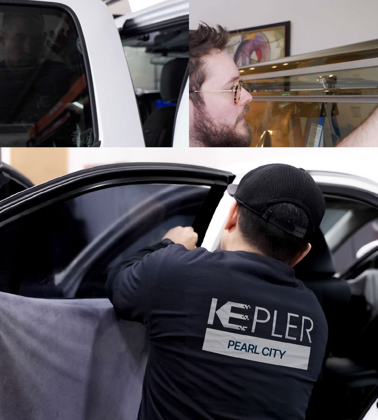 Automotive Window Tinting Expert Applying Film in Pearl City, Hawaii