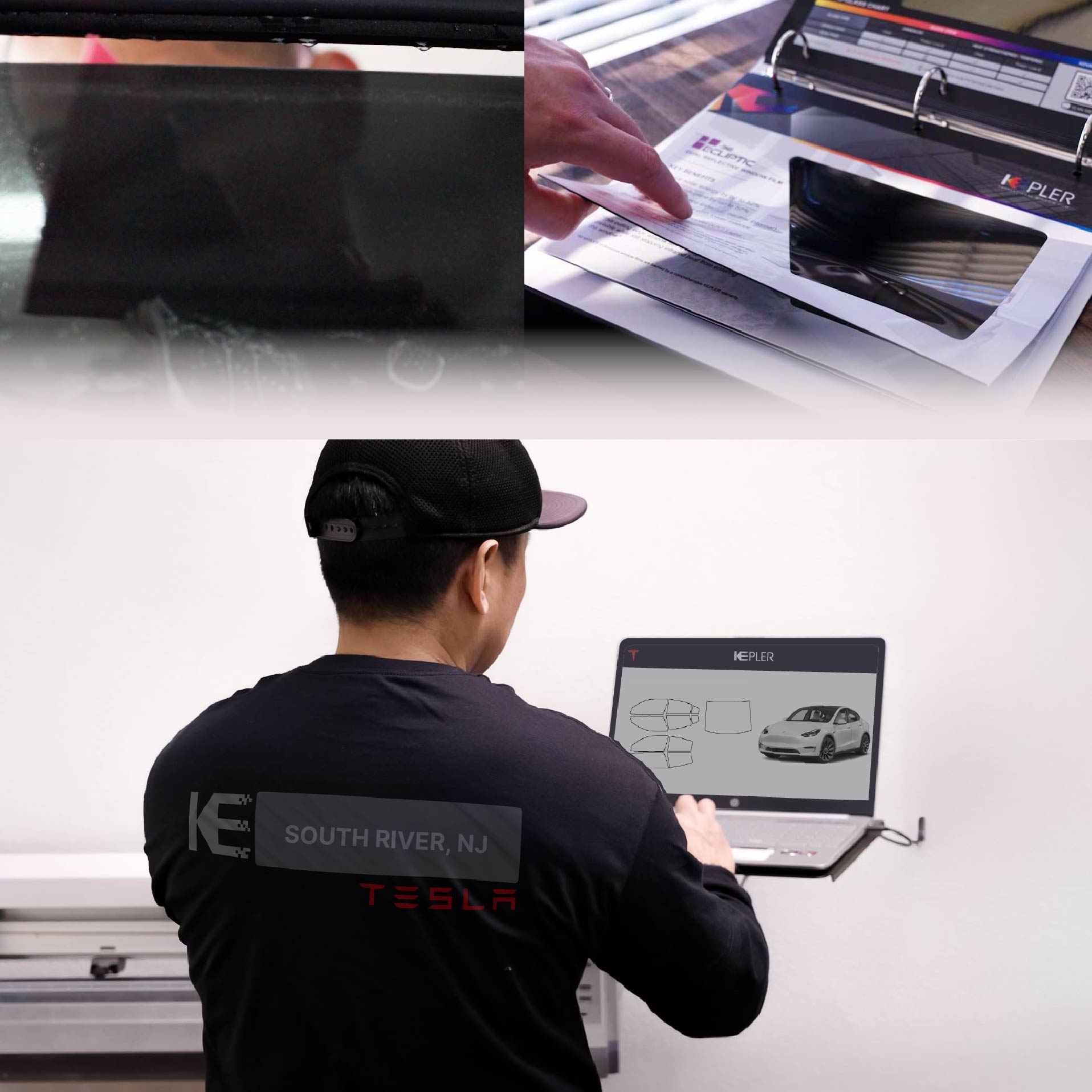 Expert Technician Installing High-tech Window Tint to Tesla in South River
