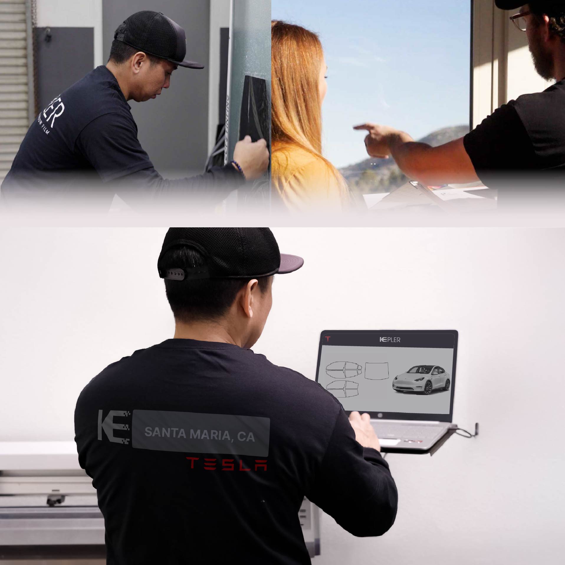 Kepler Technician Fitting Advanced Window Tint to Tesla in Santa Maria