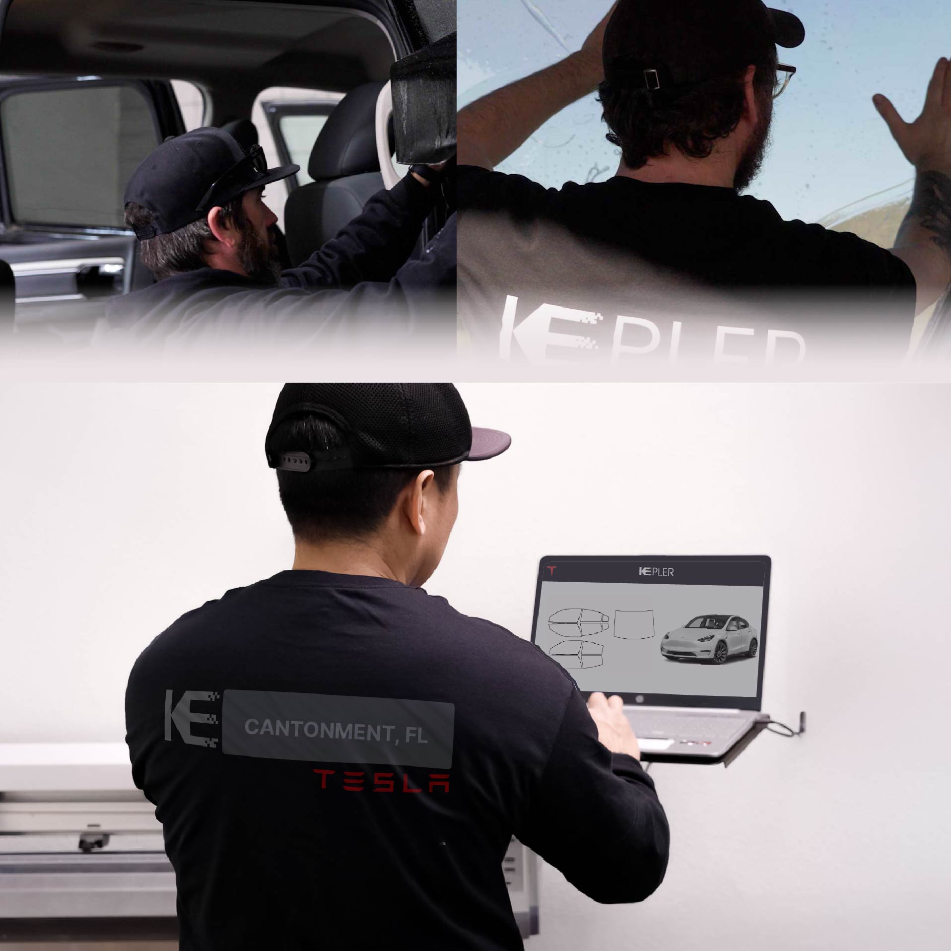 Kepler Technician Applying High-tech Window Tint to Tesla in Cantonment