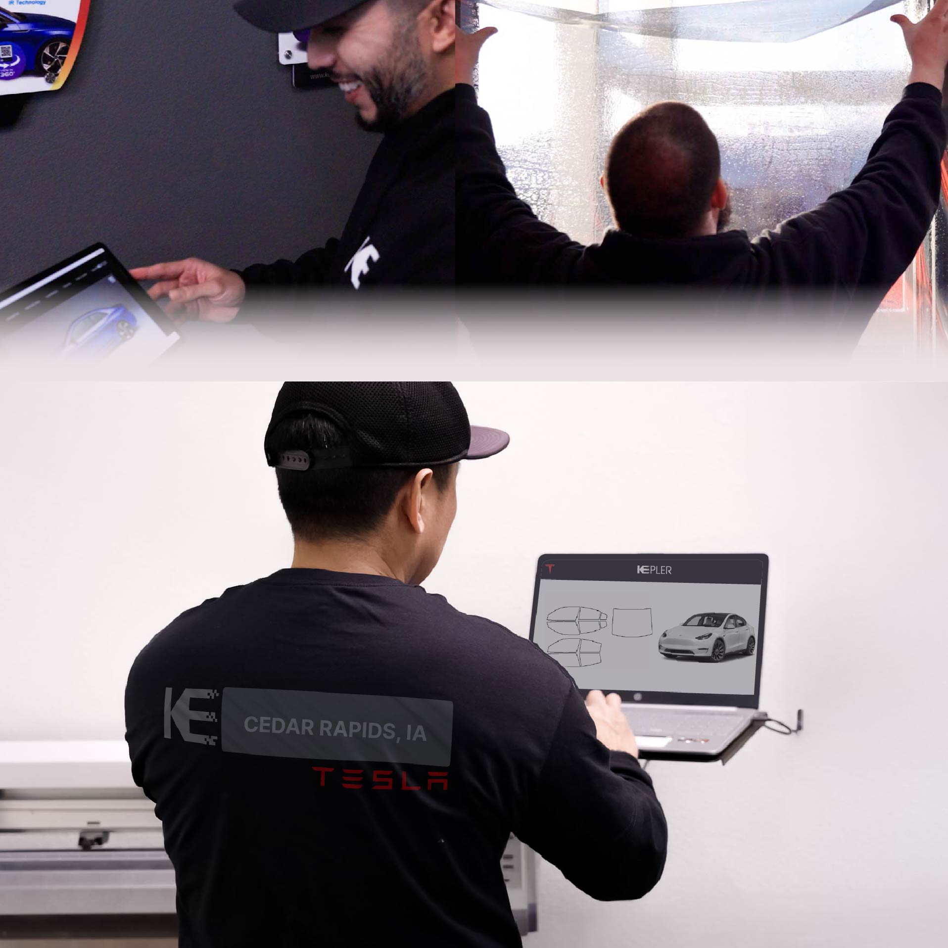 Expert Technician Installing Ceramic Window Tint to Tesla in Cedar Rapids