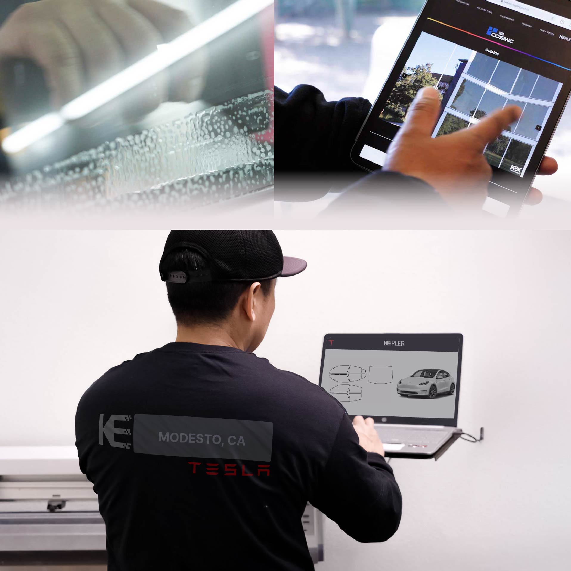 Expert Technician Fitting Ceramic Window Tint to Tesla in Modesto
