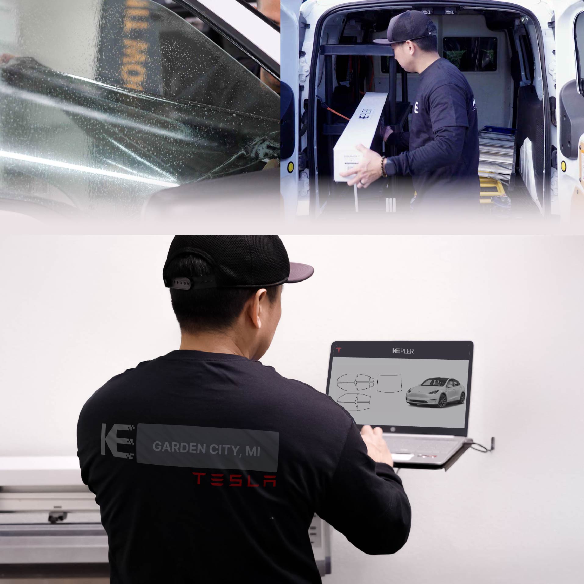 Expert Technician Fitting Advanced Window Tint to Tesla in Garden City