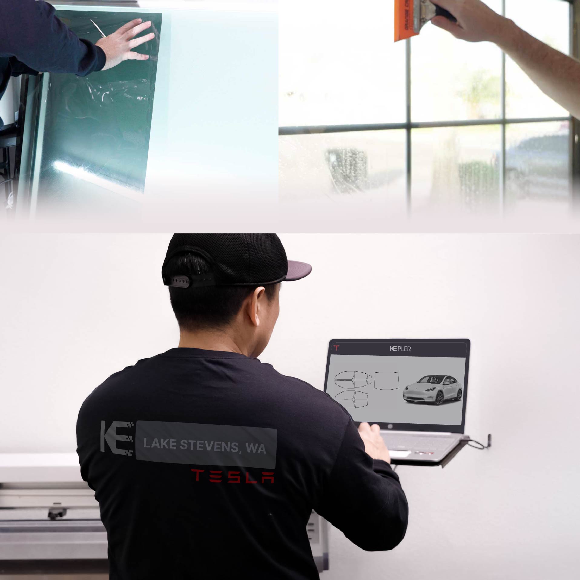 Expert Technician Installing Advanced Window Tint to Tesla in Lake Stevens