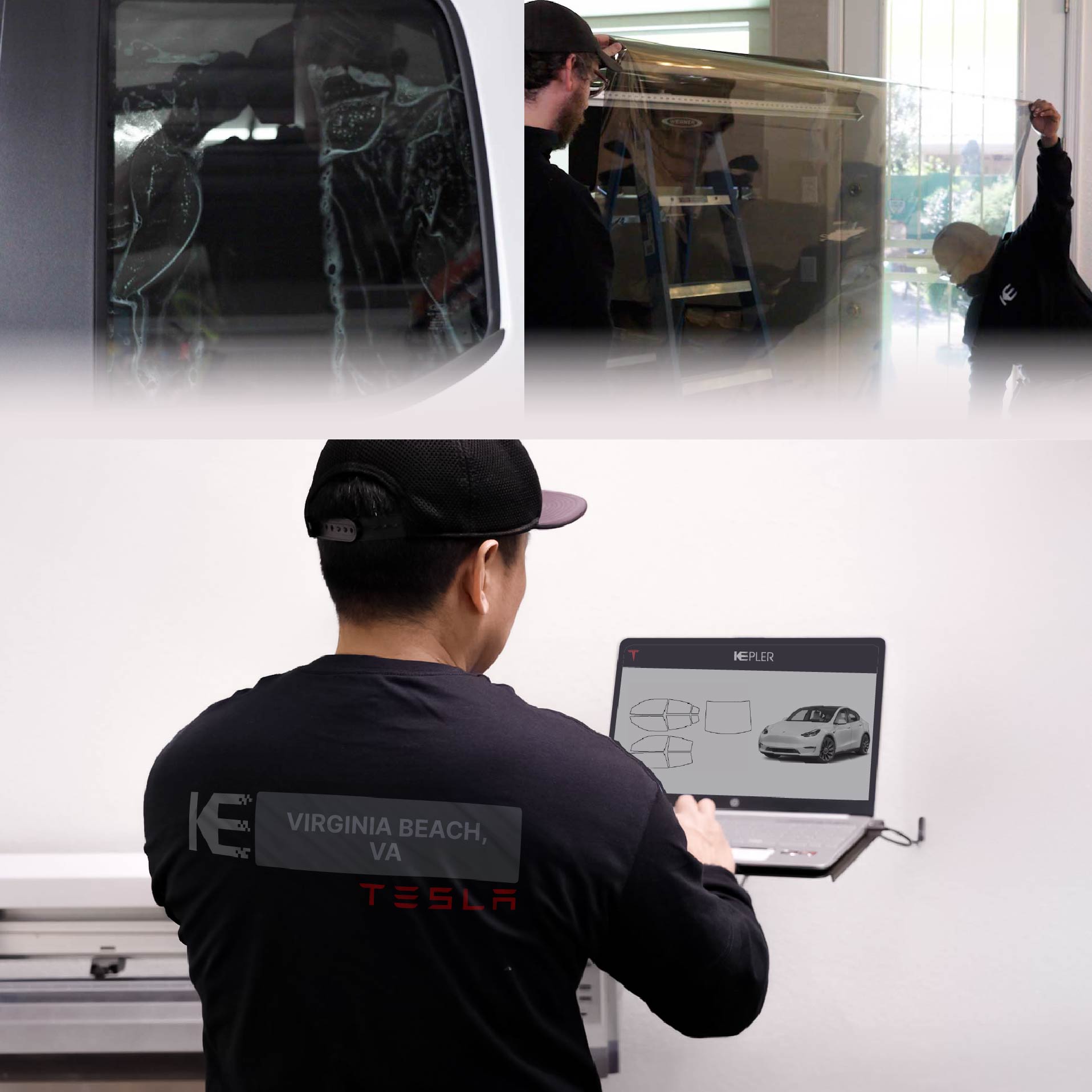 Kepler Technician Installing Advanced Window Tint to Tesla in Virginia Beach