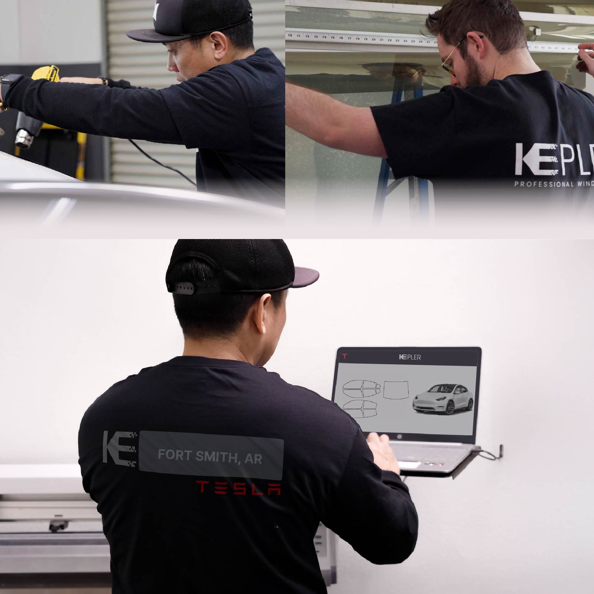 Expert Technician Applying Ceramic Window Tint to Tesla in Fort Smith