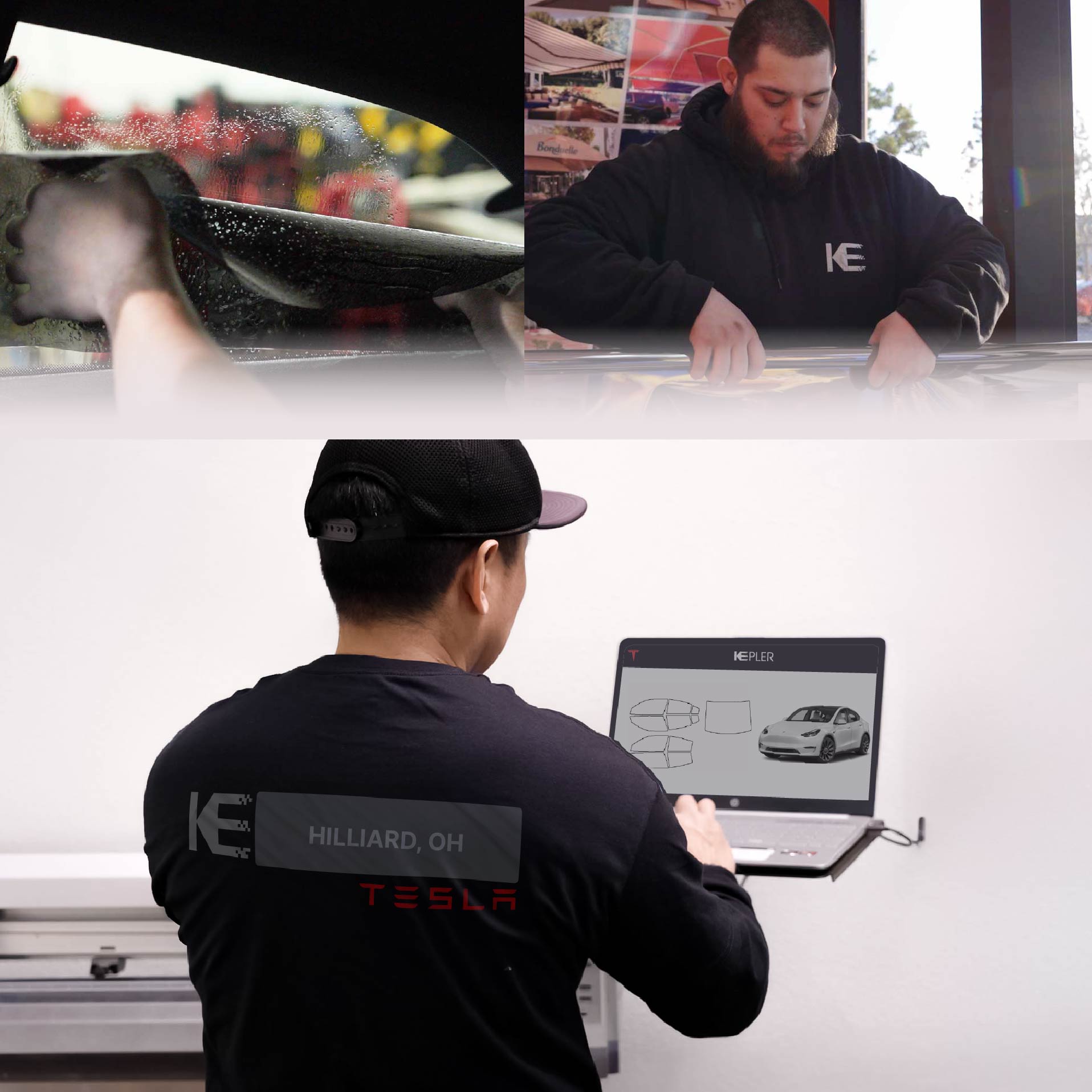 Expert Technician Installing High-tech Window Tint to Tesla in Hilliard