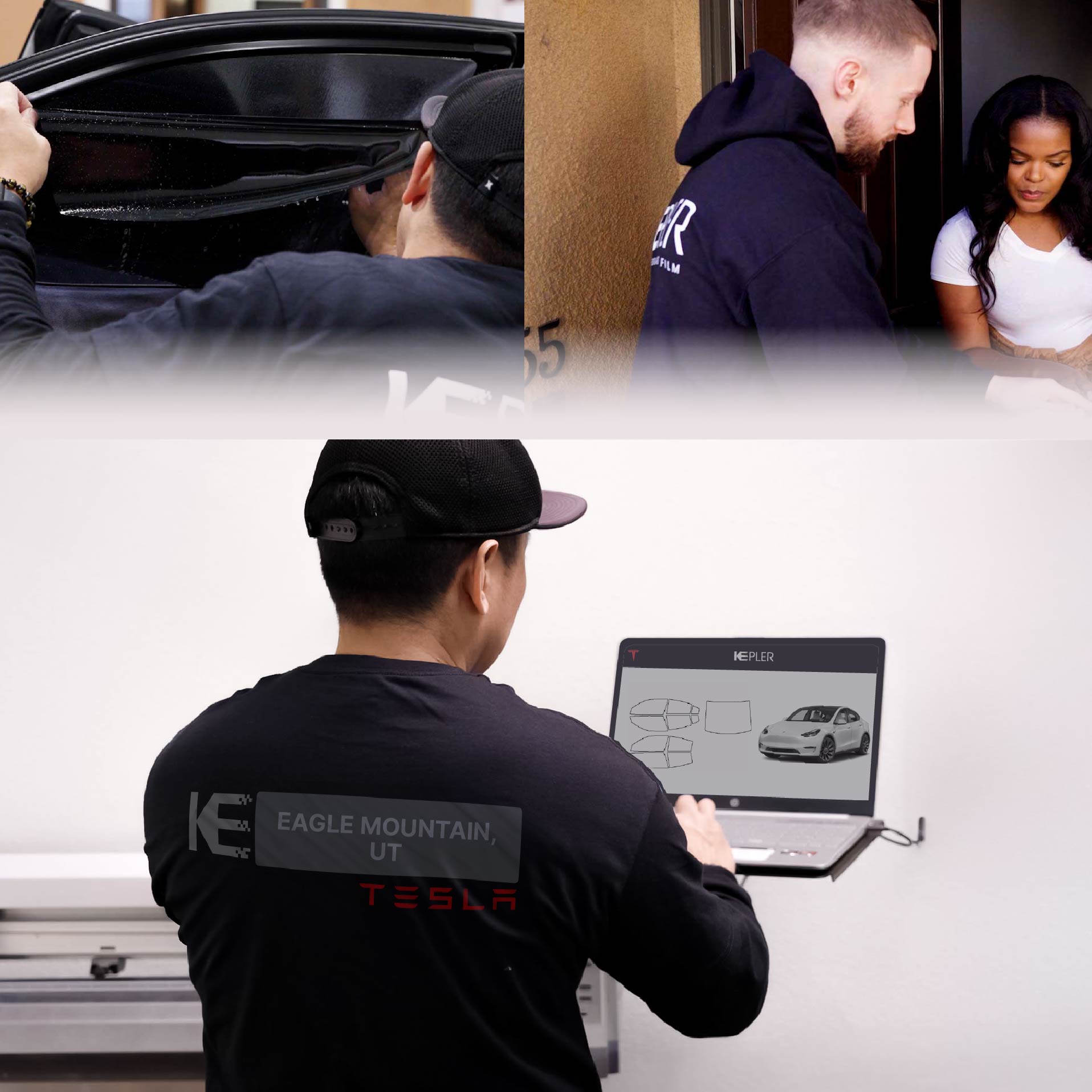 Expert Technician Installing Ceramic Window Tint to Tesla in Eagle Mountain