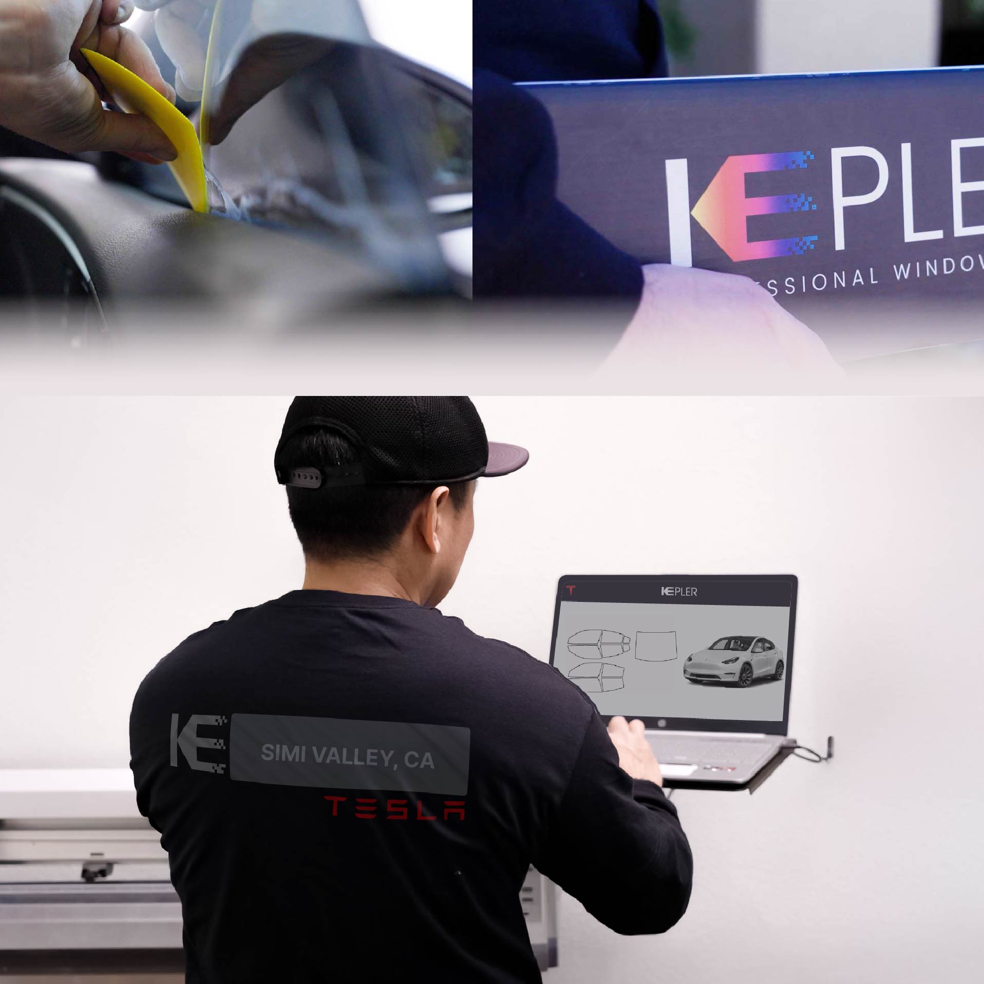 Kepler Technician Installing Advanced Window Tint to Tesla in Simi Valley