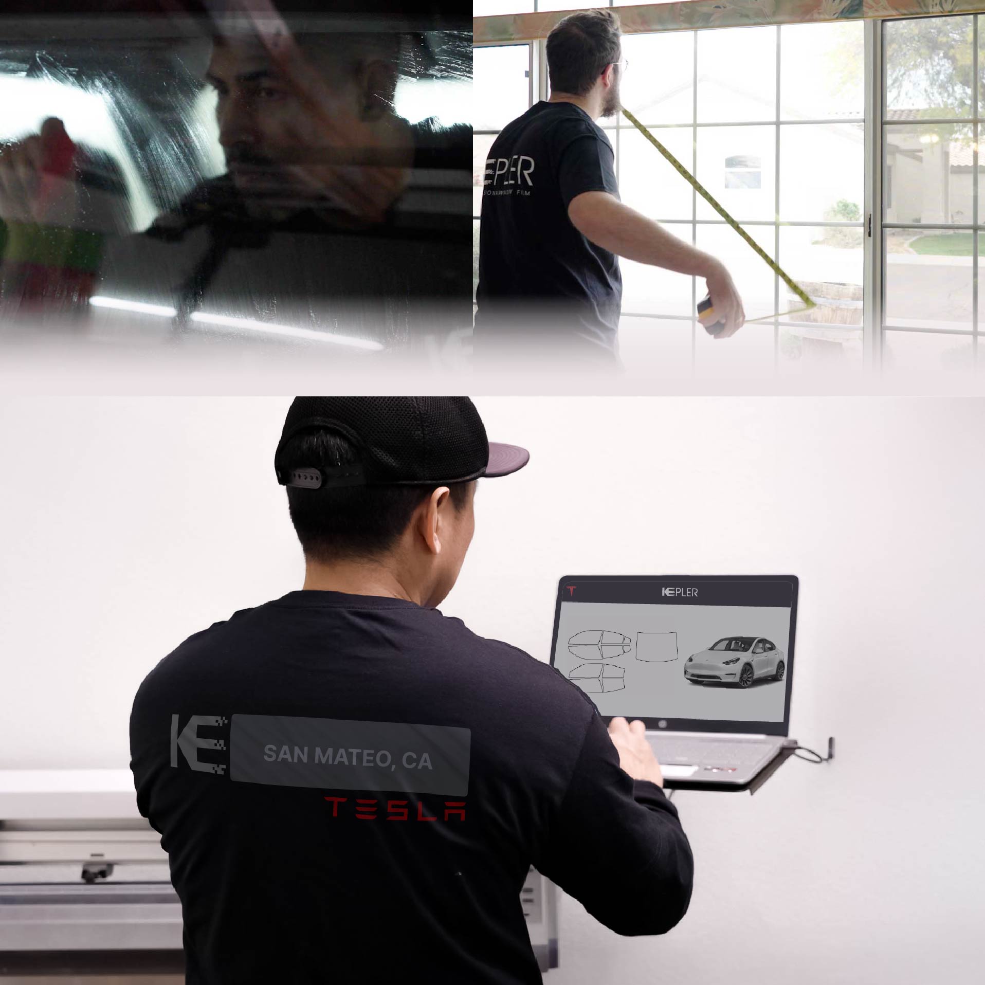 Kepler Technician Fitting High-tech Window Tint to Tesla in San Mateo