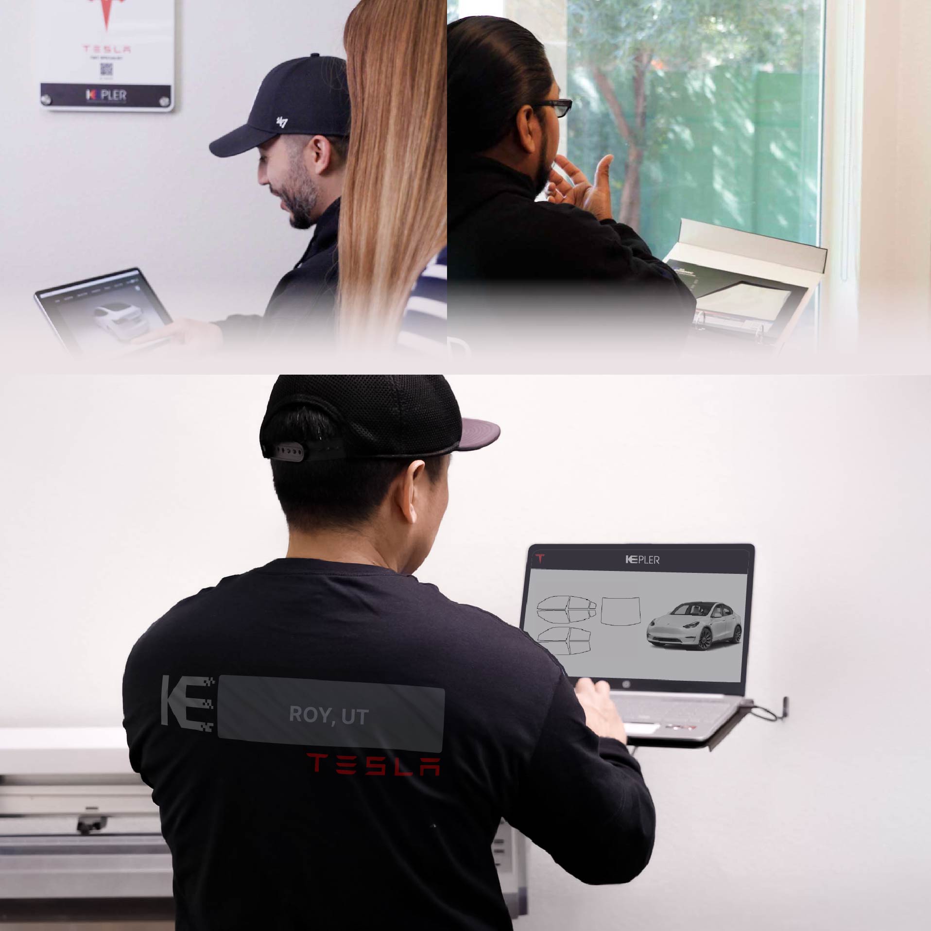 Expert Technician Fitting Ceramic Window Tint to Tesla in Roy