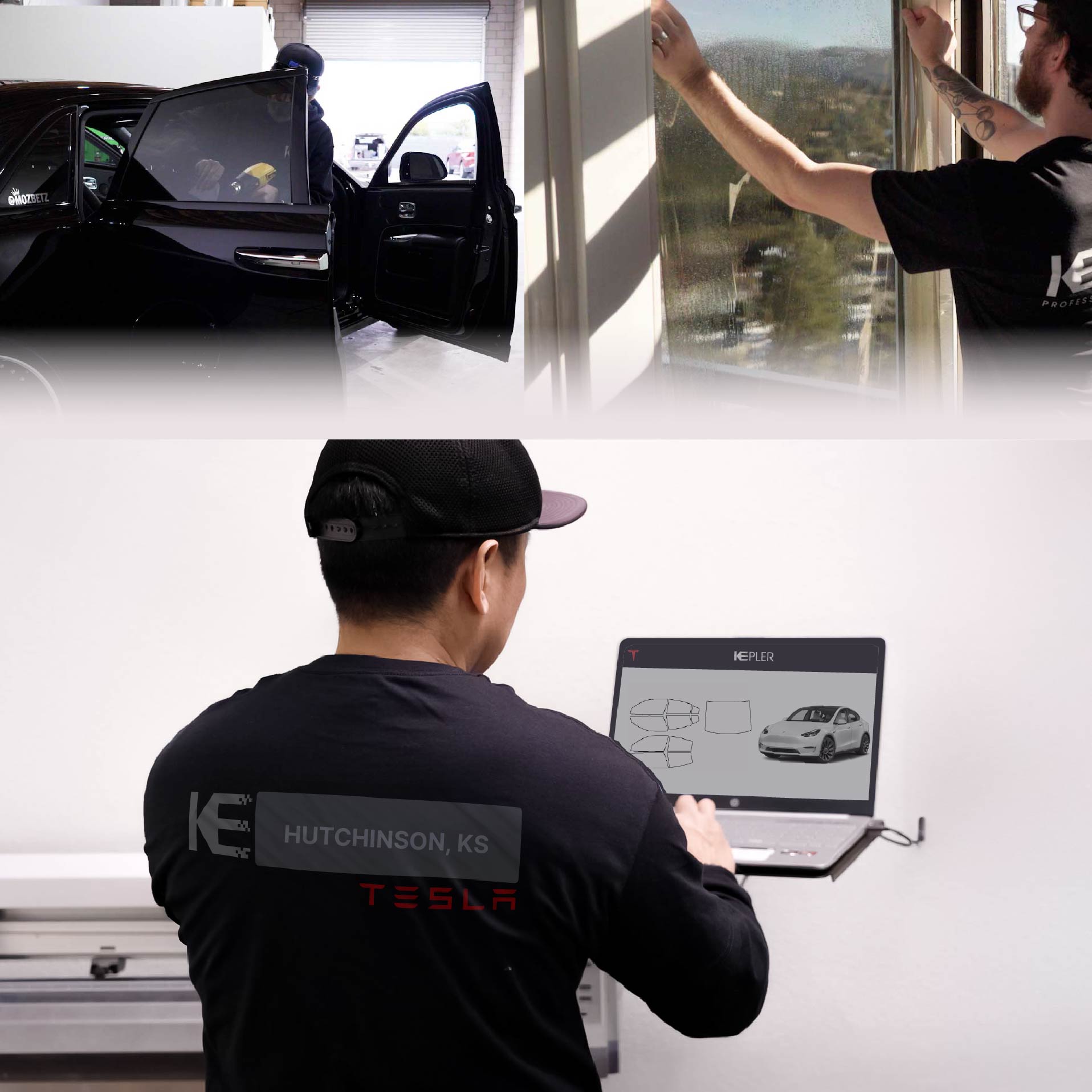 Expert Technician Applying High-tech Window Tint to Tesla in Hutchinson