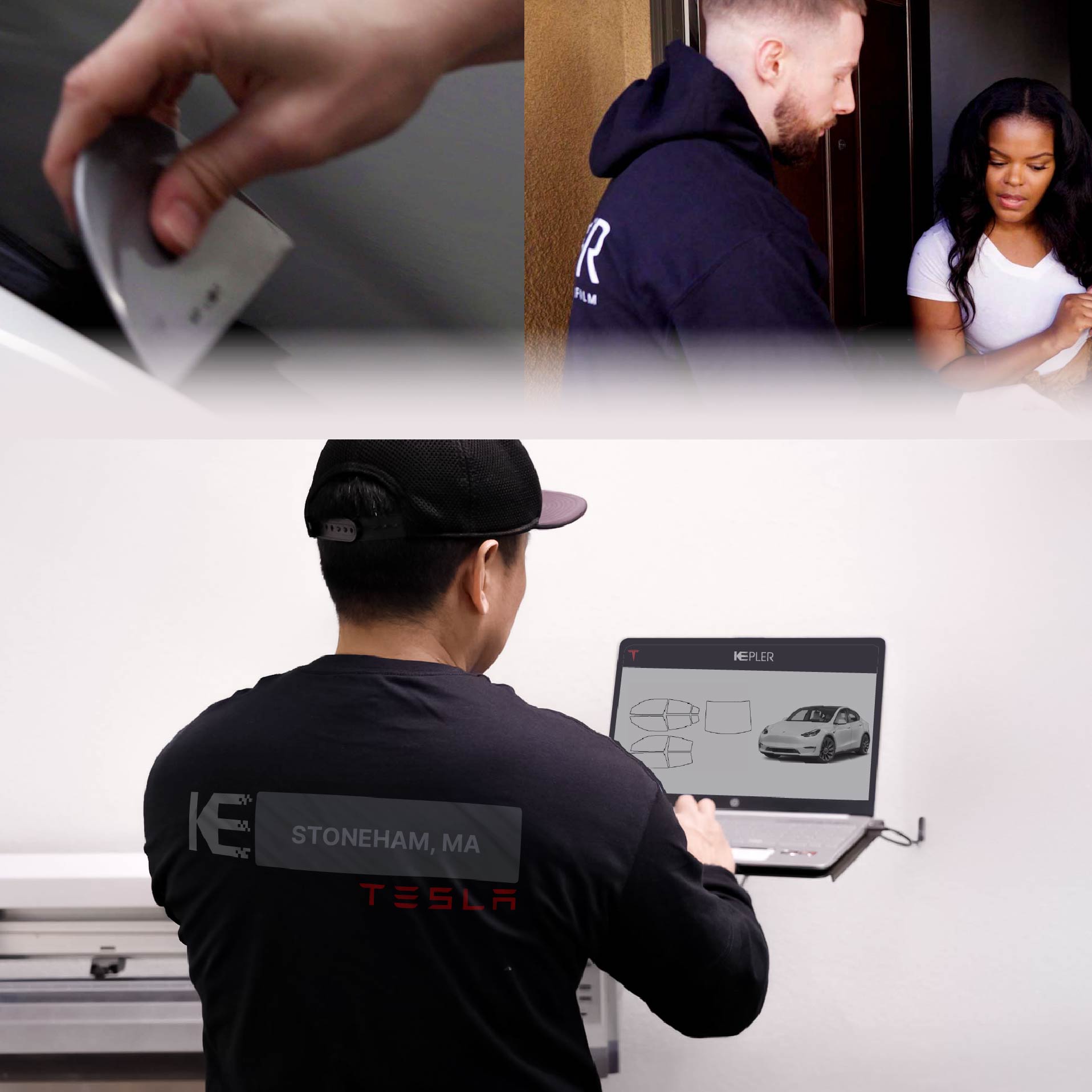 Kepler Technician Installing Advanced Window Tint to Tesla in Stoneham
