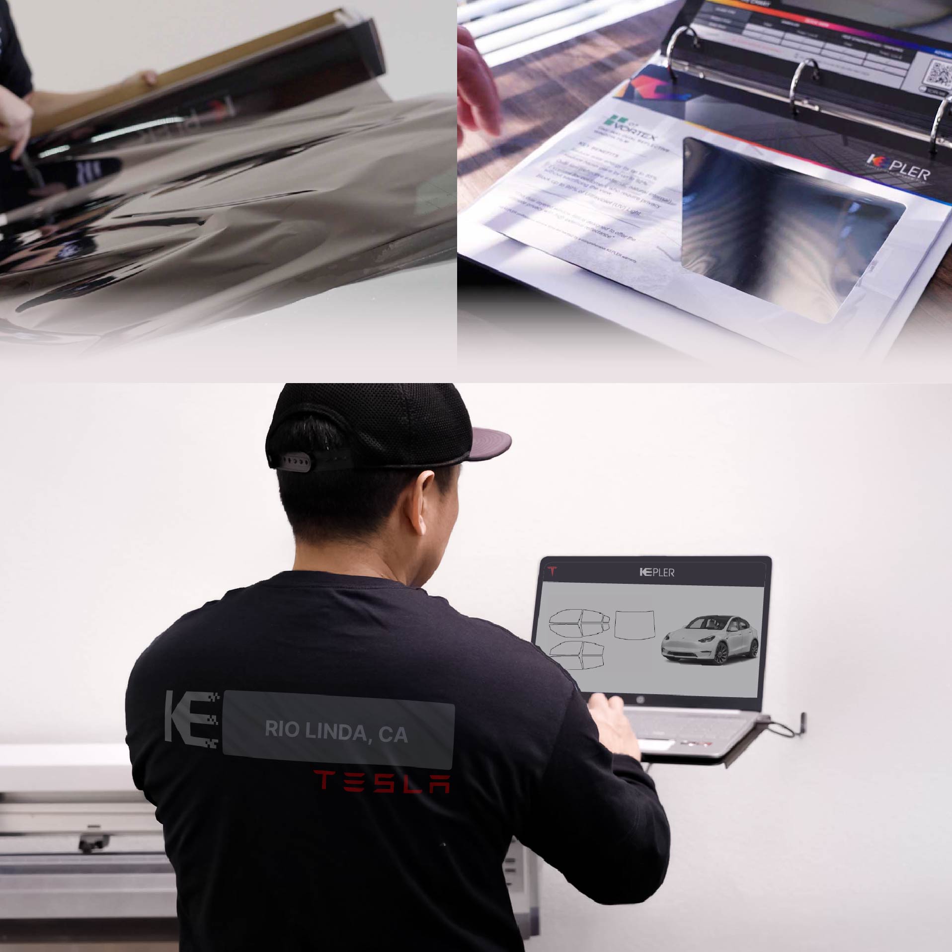 Kepler Technician Fitting Advanced Window Tint to Tesla in Rio Linda