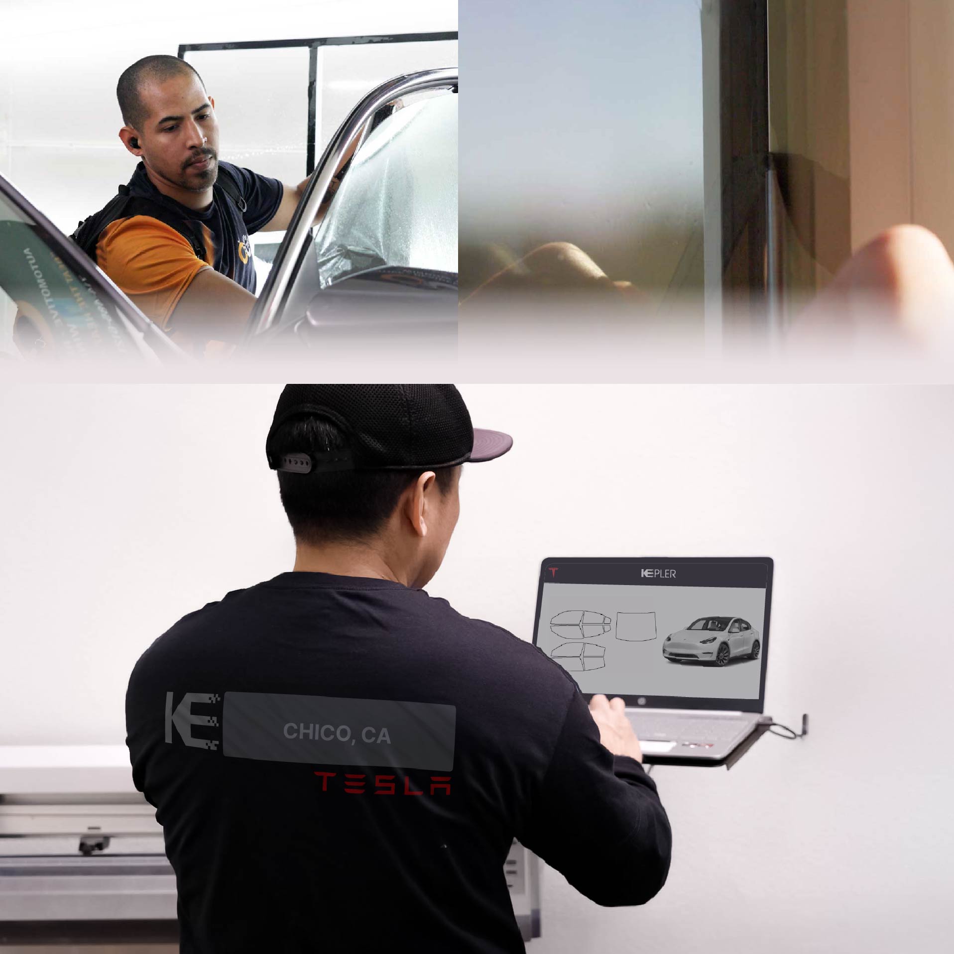 Kepler Technician Installing High-tech Window Tint to Tesla in Chico