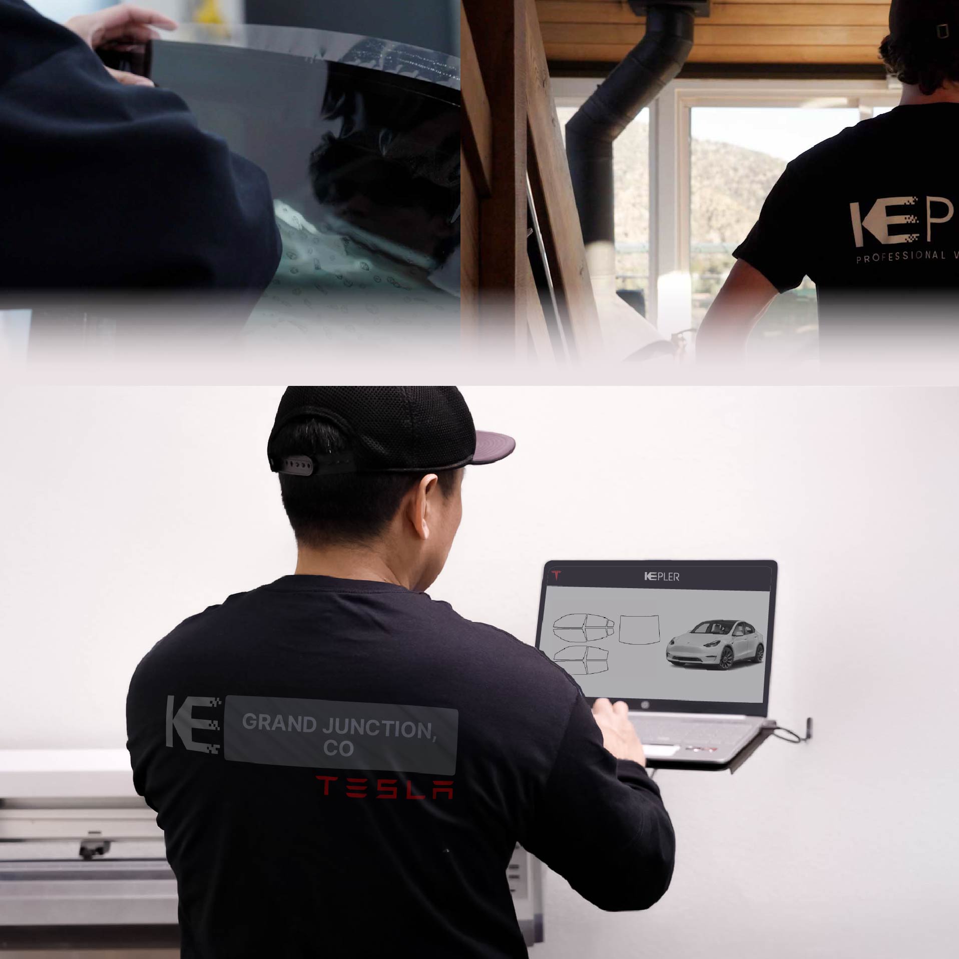 Kepler Technician Installing High-tech Window Tint to Tesla in Grand Junction