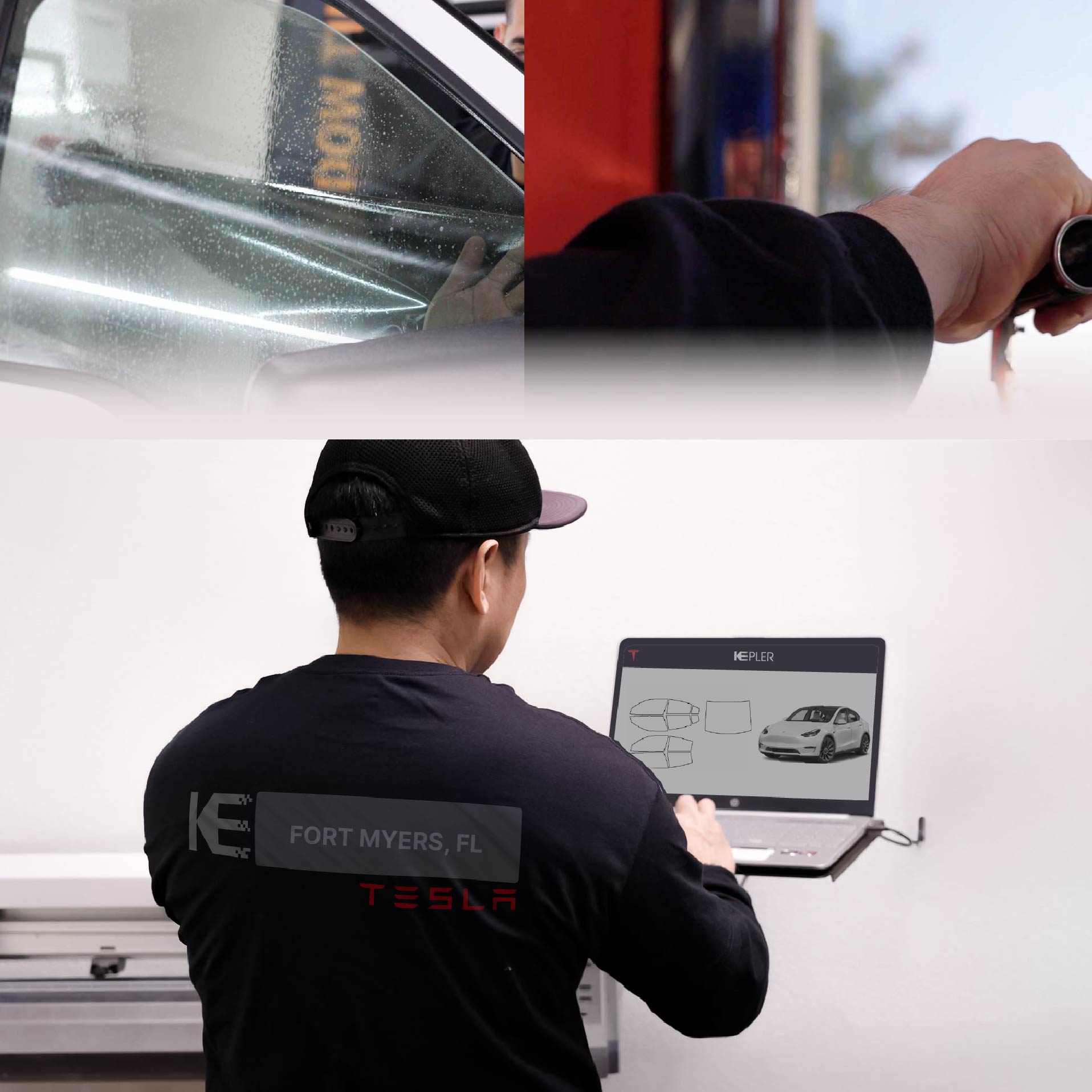 Expert Technician Fitting Ceramic Window Tint to Tesla in Fort Myers