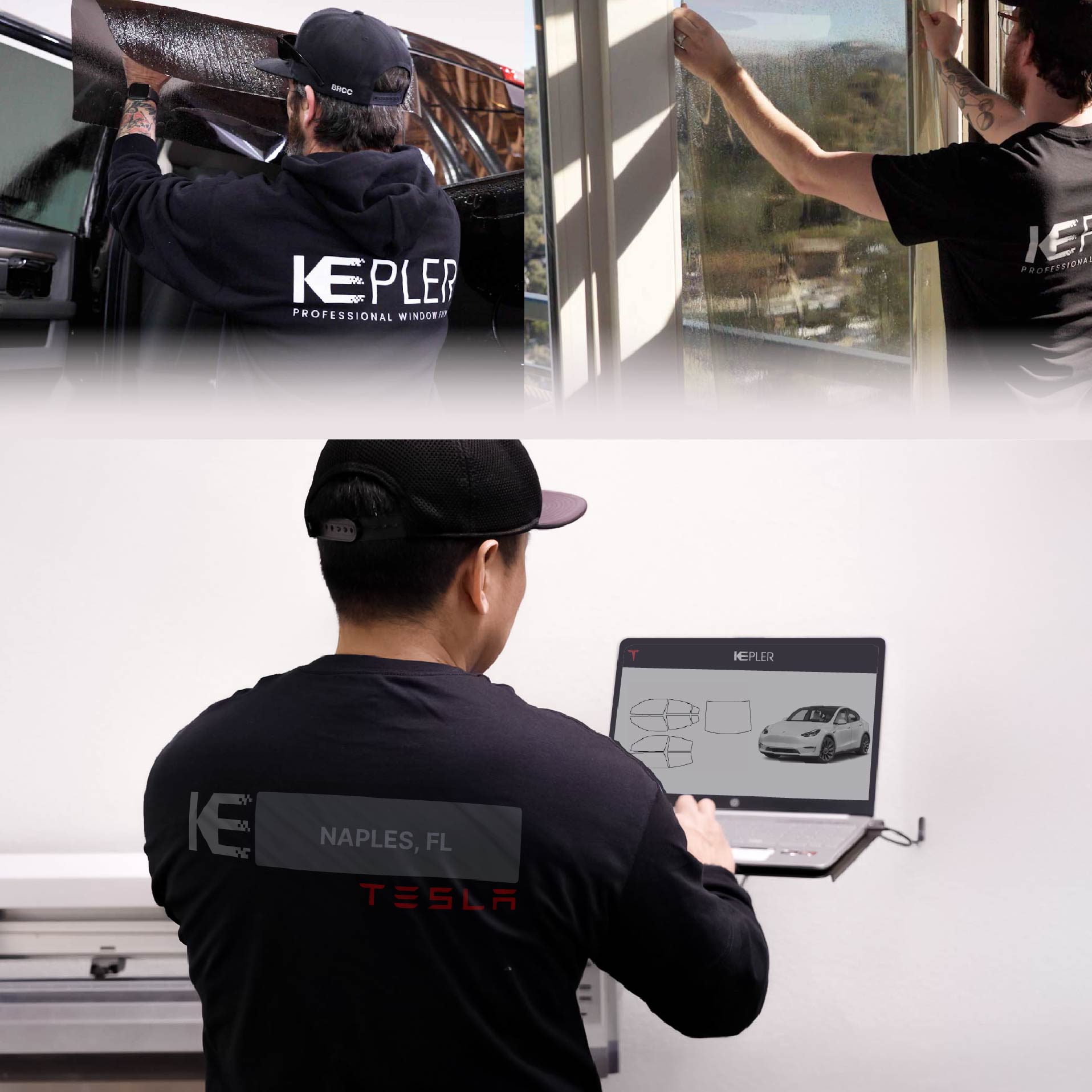Expert Technician Installing Ceramic Window Tint to Tesla in Naples