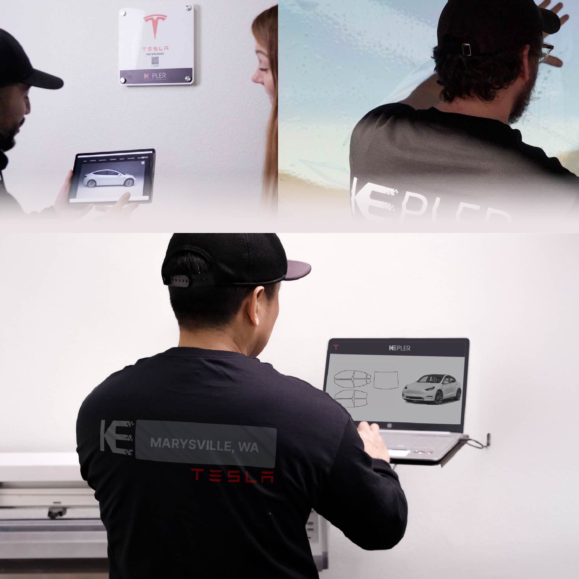 Kepler Technician Applying Advanced Window Tint to Tesla in Marysville