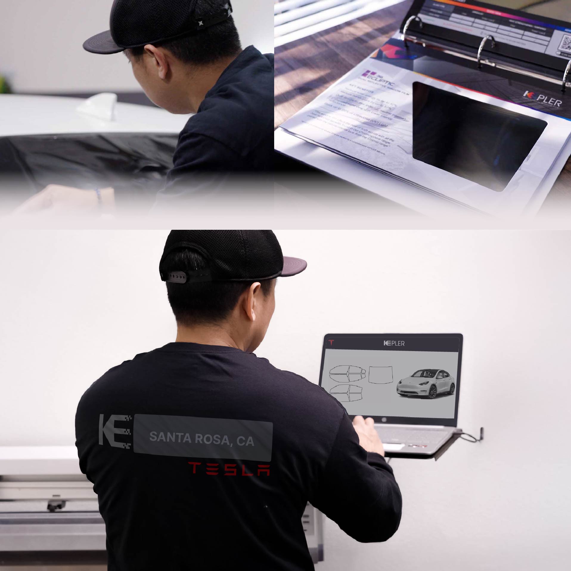 Expert Technician Applying Ceramic Window Tint to Tesla in Santa Rosa