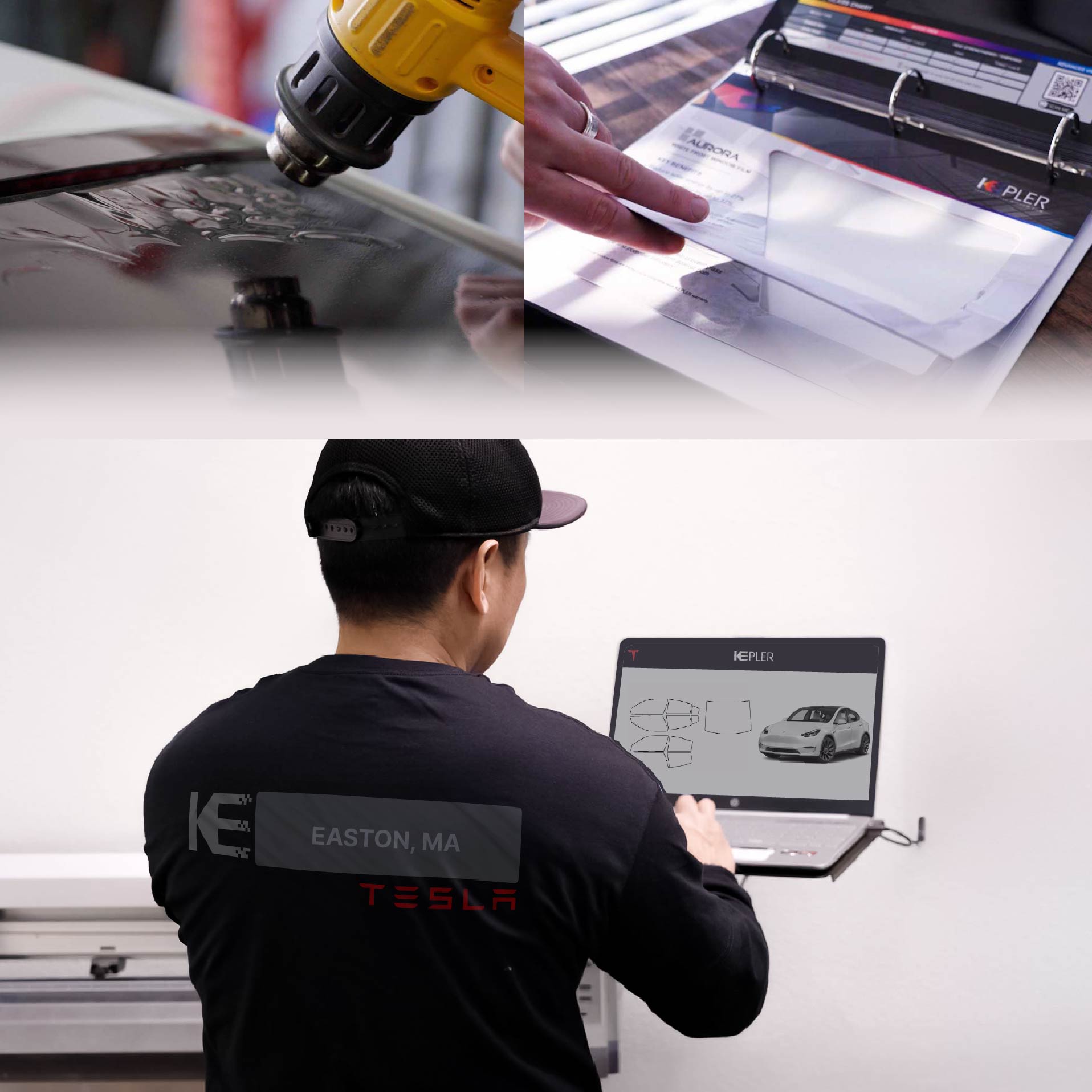 Kepler Technician Fitting Ceramic Window Tint to Tesla in Easton