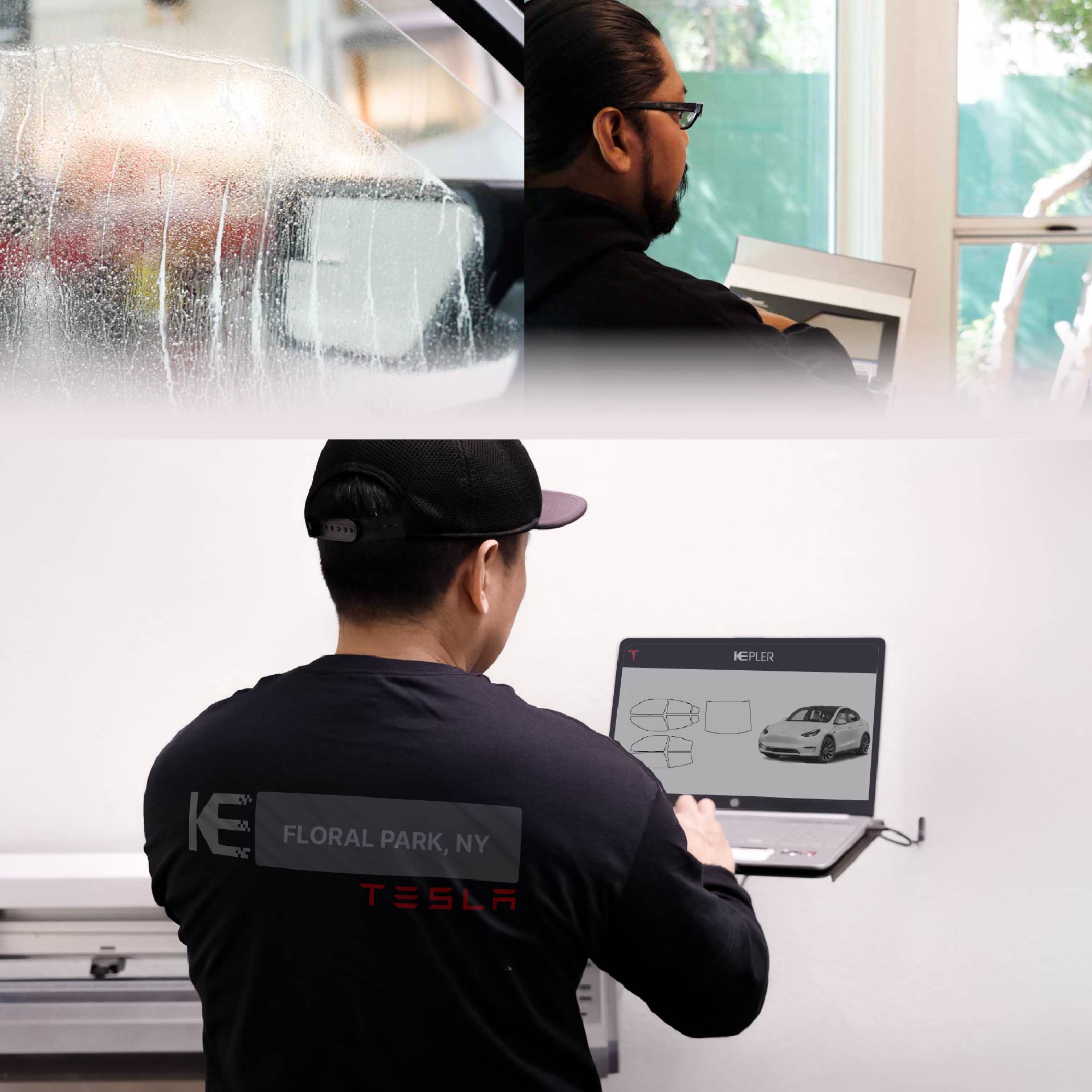 Expert Technician Fitting Ceramic Window Tint to Tesla in Floral Park