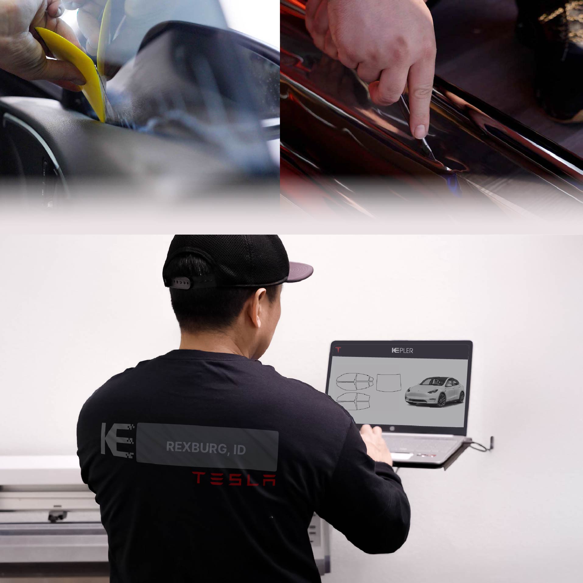 Kepler Technician Fitting High-tech Window Tint to Tesla in Rexburg