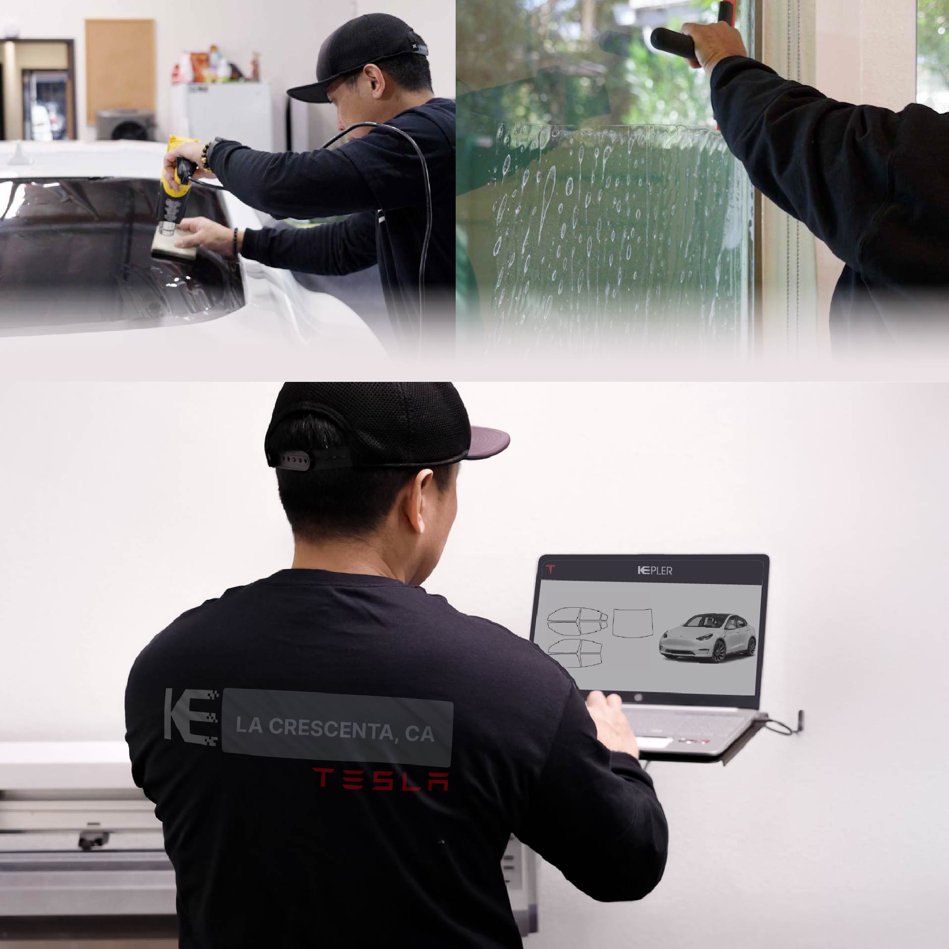 Expert Technician Applying Ceramic Window Tint to Tesla in La Crescenta