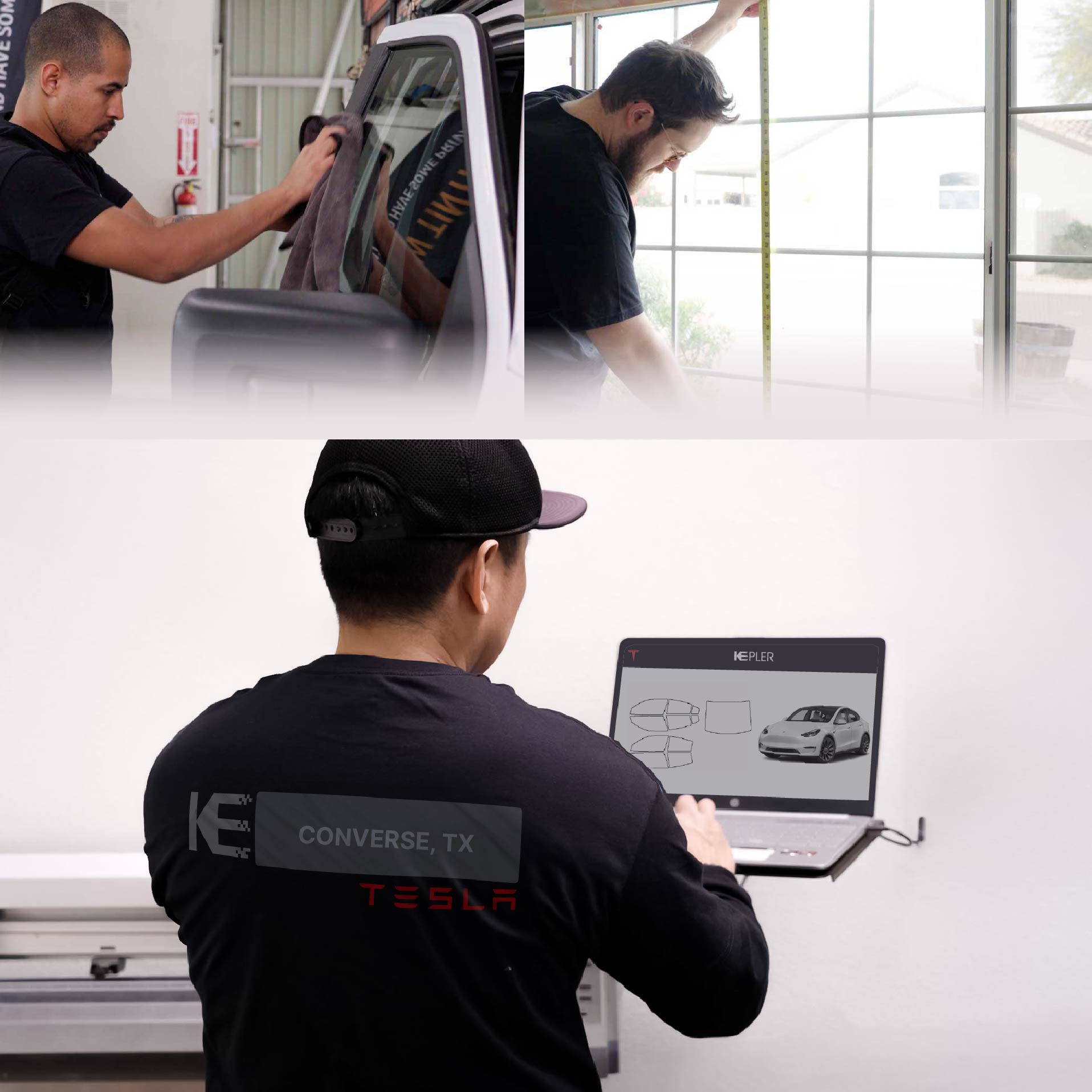 Kepler Technician Fitting Ceramic Window Tint to Tesla in Converse
