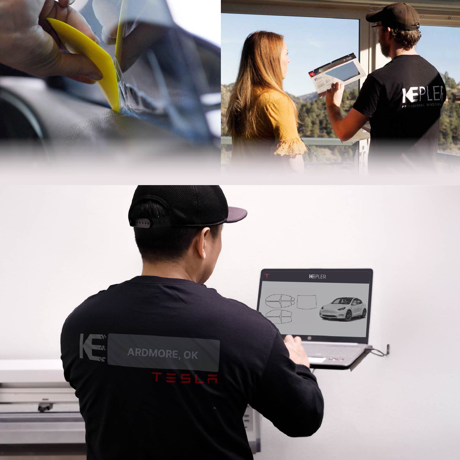 Kepler Technician Installing Advanced Window Tint to Tesla in Ardmore
