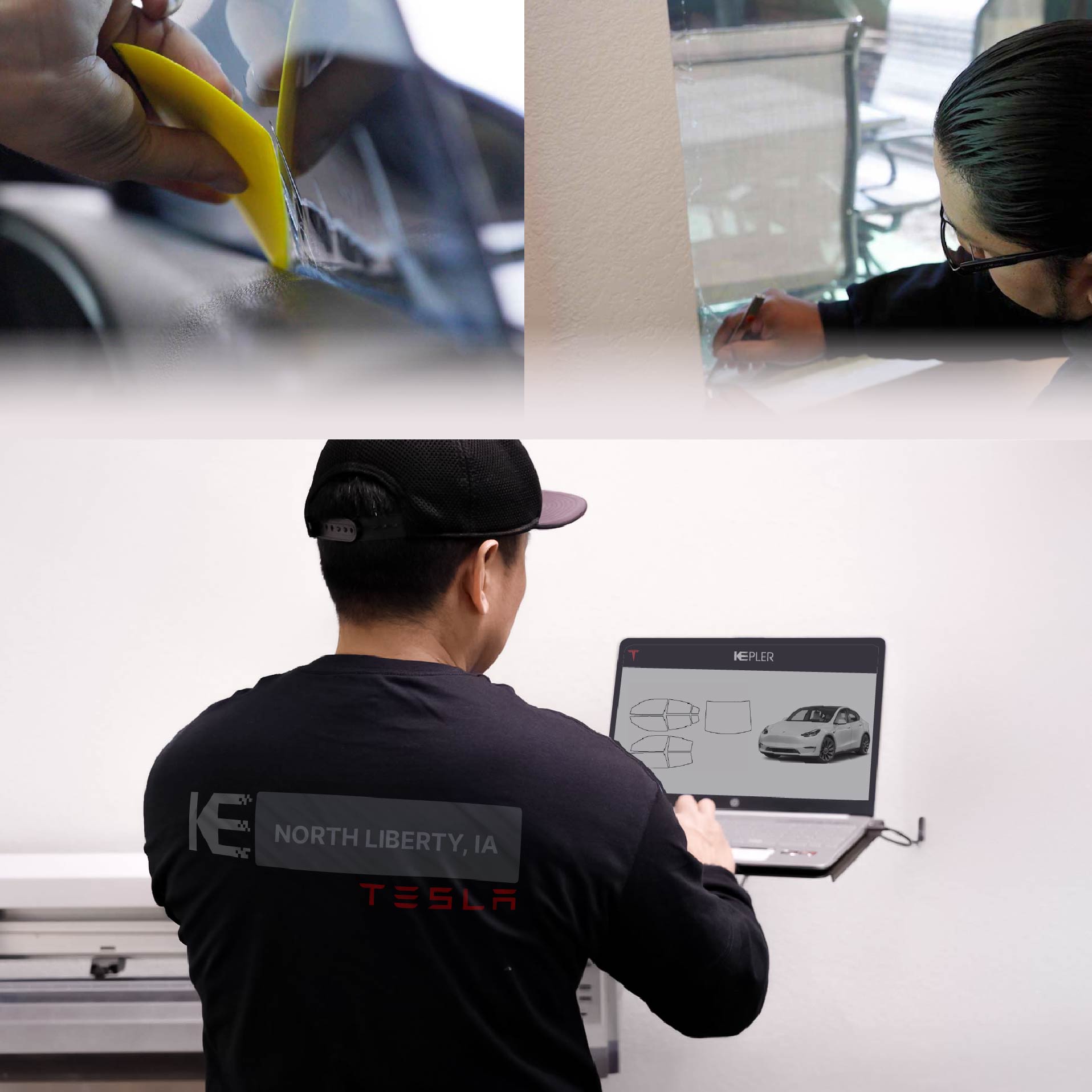 Expert Technician Applying Advanced Window Tint to Tesla in North Liberty