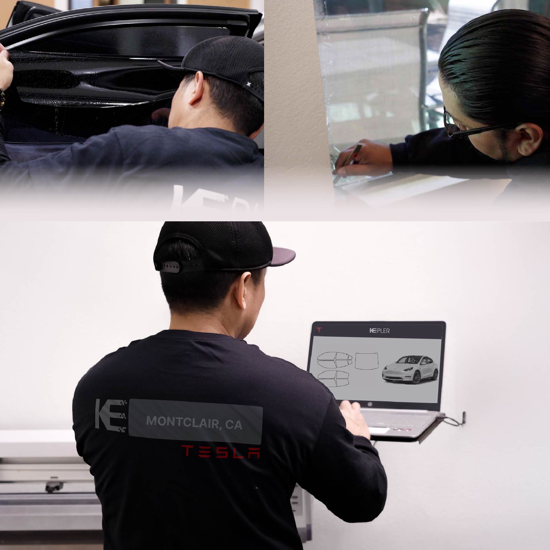 Kepler Technician Applying Ceramic Window Tint to Tesla in Montclair