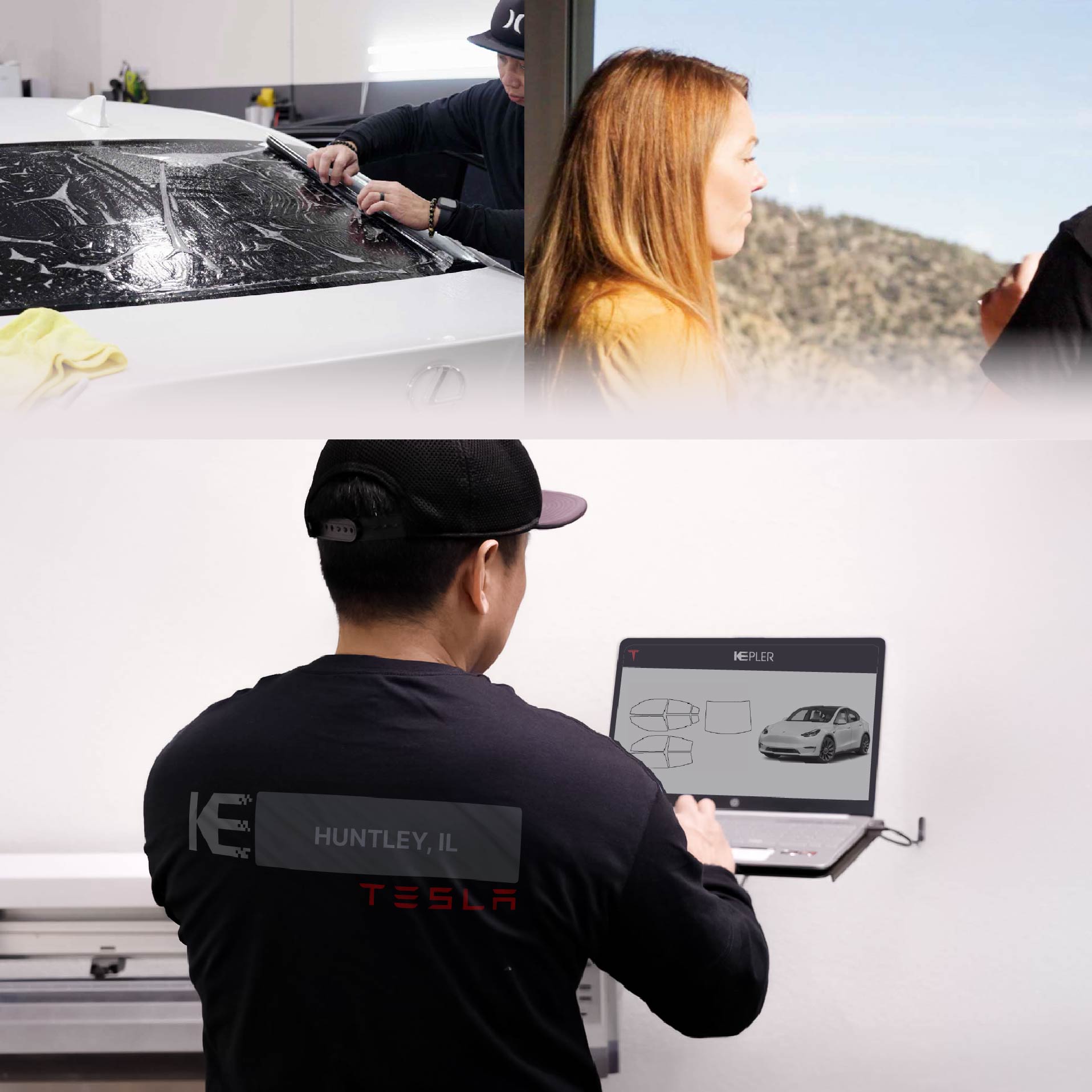 Kepler Technician Installing Ceramic Window Tint to Tesla in Huntley