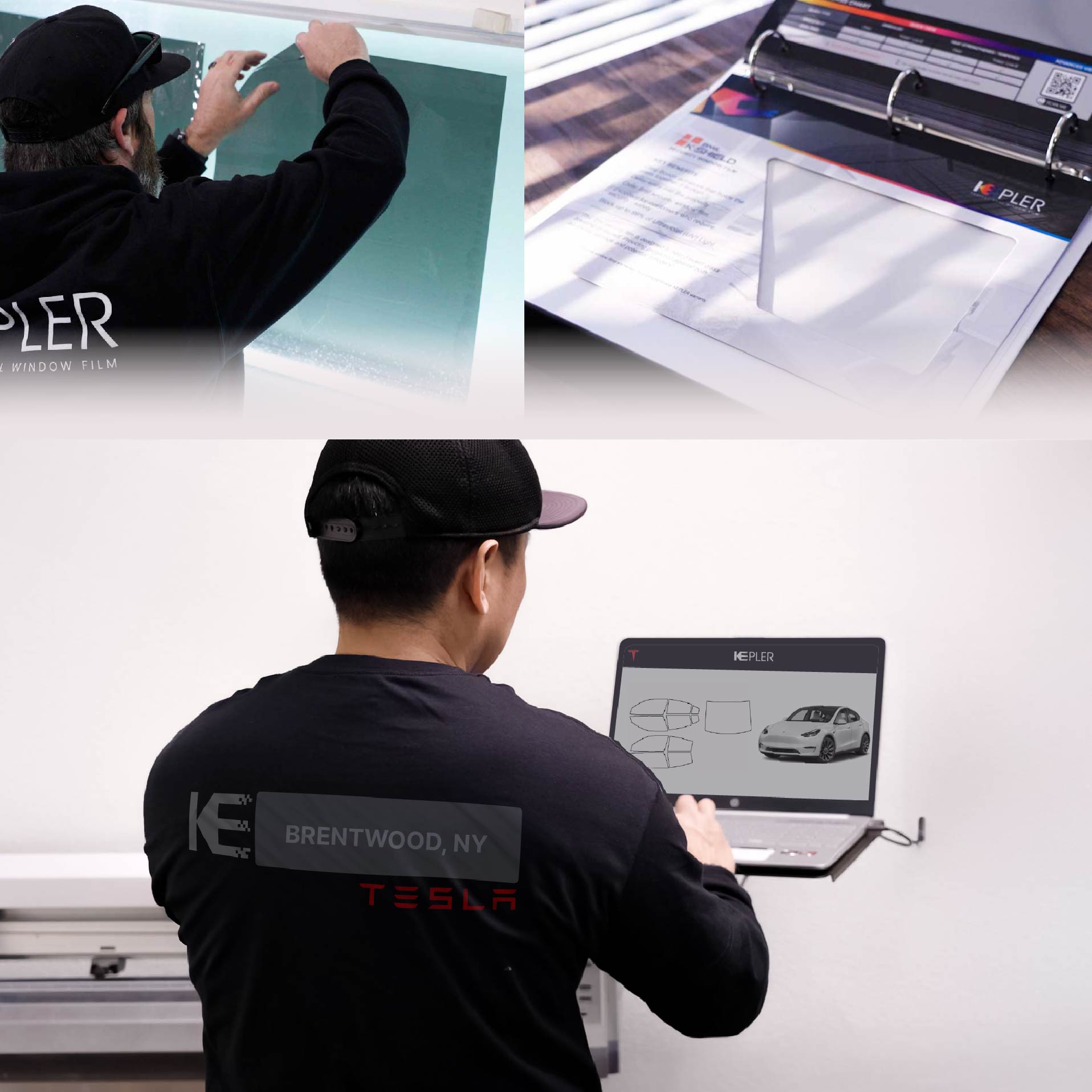 Kepler Technician Applying Advanced Window Tint to Tesla in Brentwood
