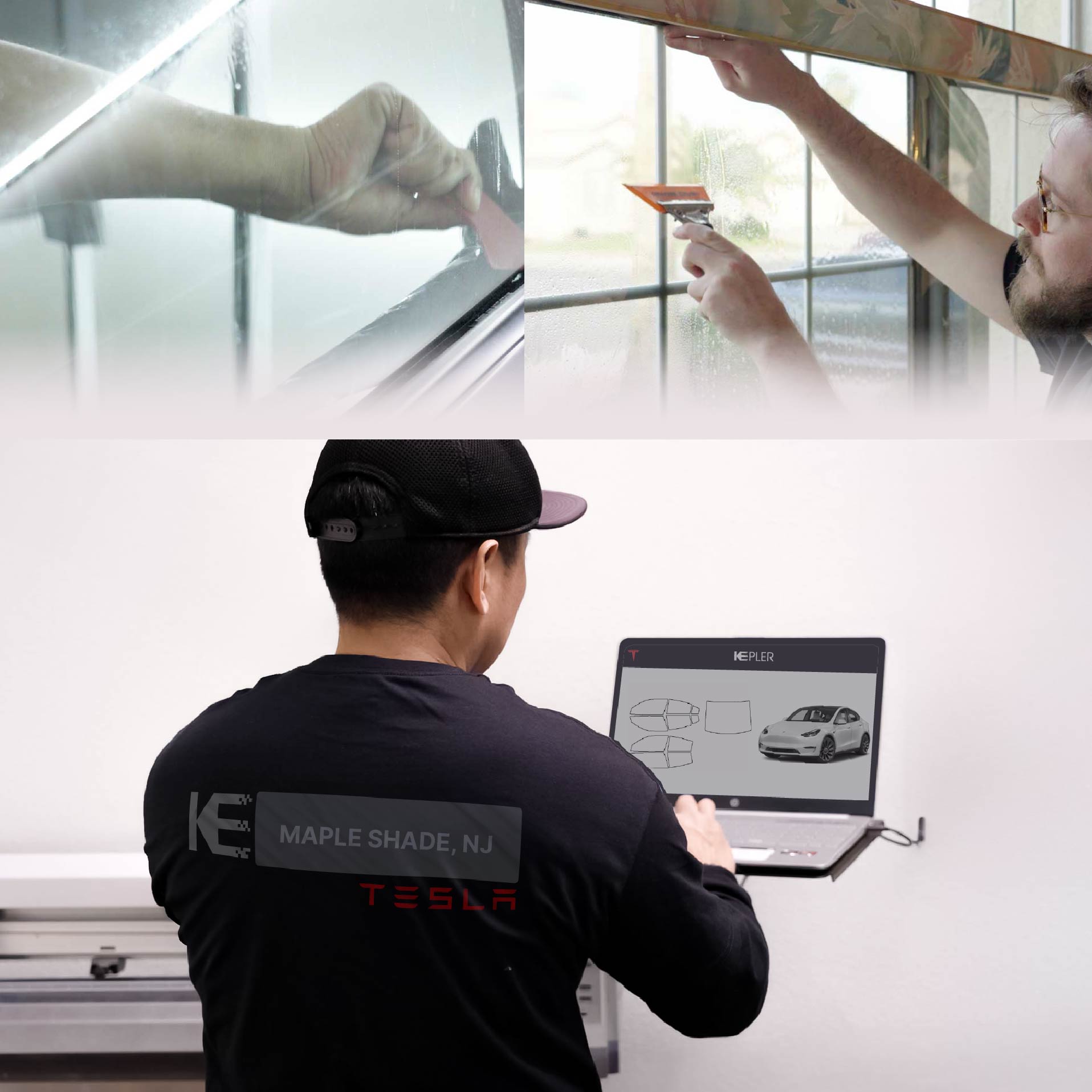 Kepler Technician Installing Advanced Window Tint to Tesla in Maple Shade