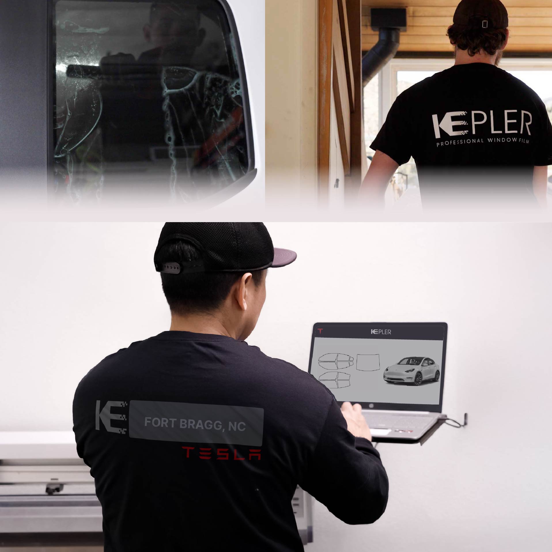 Expert Technician Installing High-tech Window Tint to Tesla in Fort Bragg