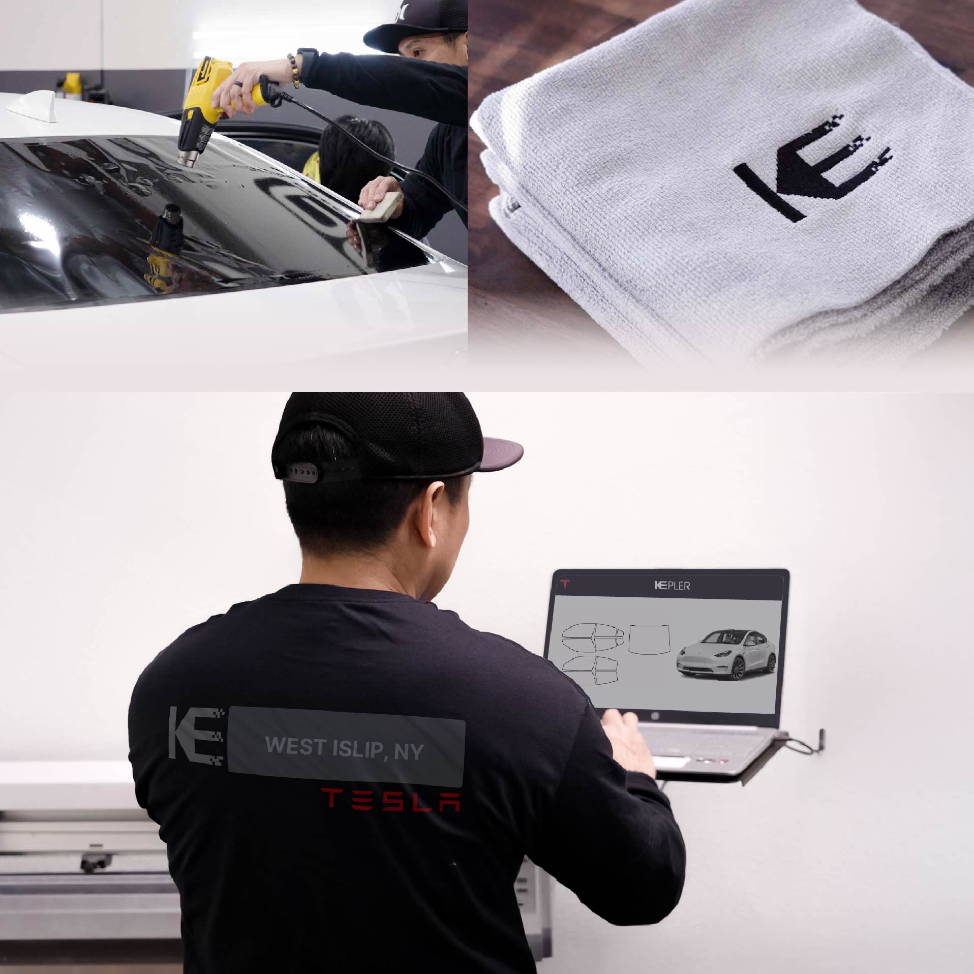 Kepler Technician Installing Ceramic Window Tint to Tesla in West Islip